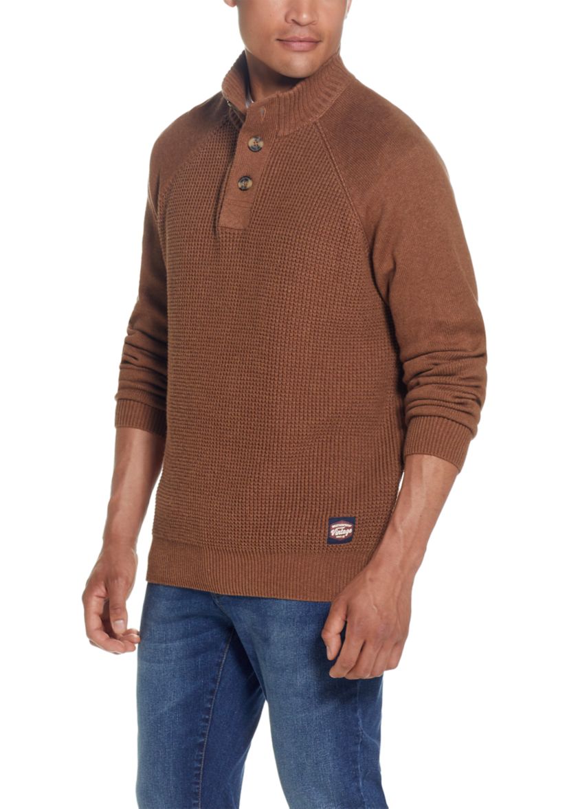 Raglan Sleeve Shaker Stitch Button Up Mock Neck Sweater 
