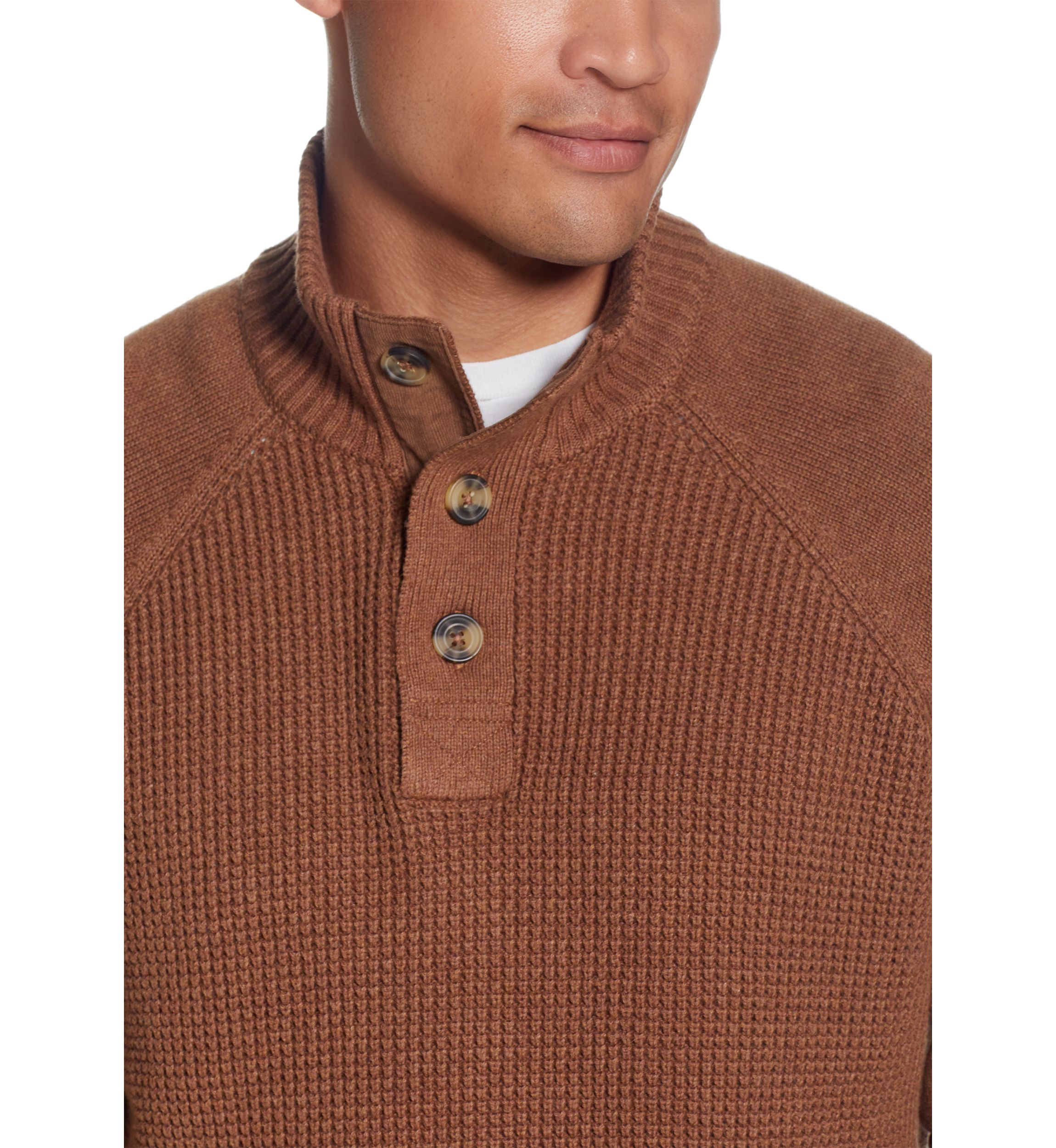 Raglan Sleeve Shaker Stitch Button Up Mock Neck Sweater 