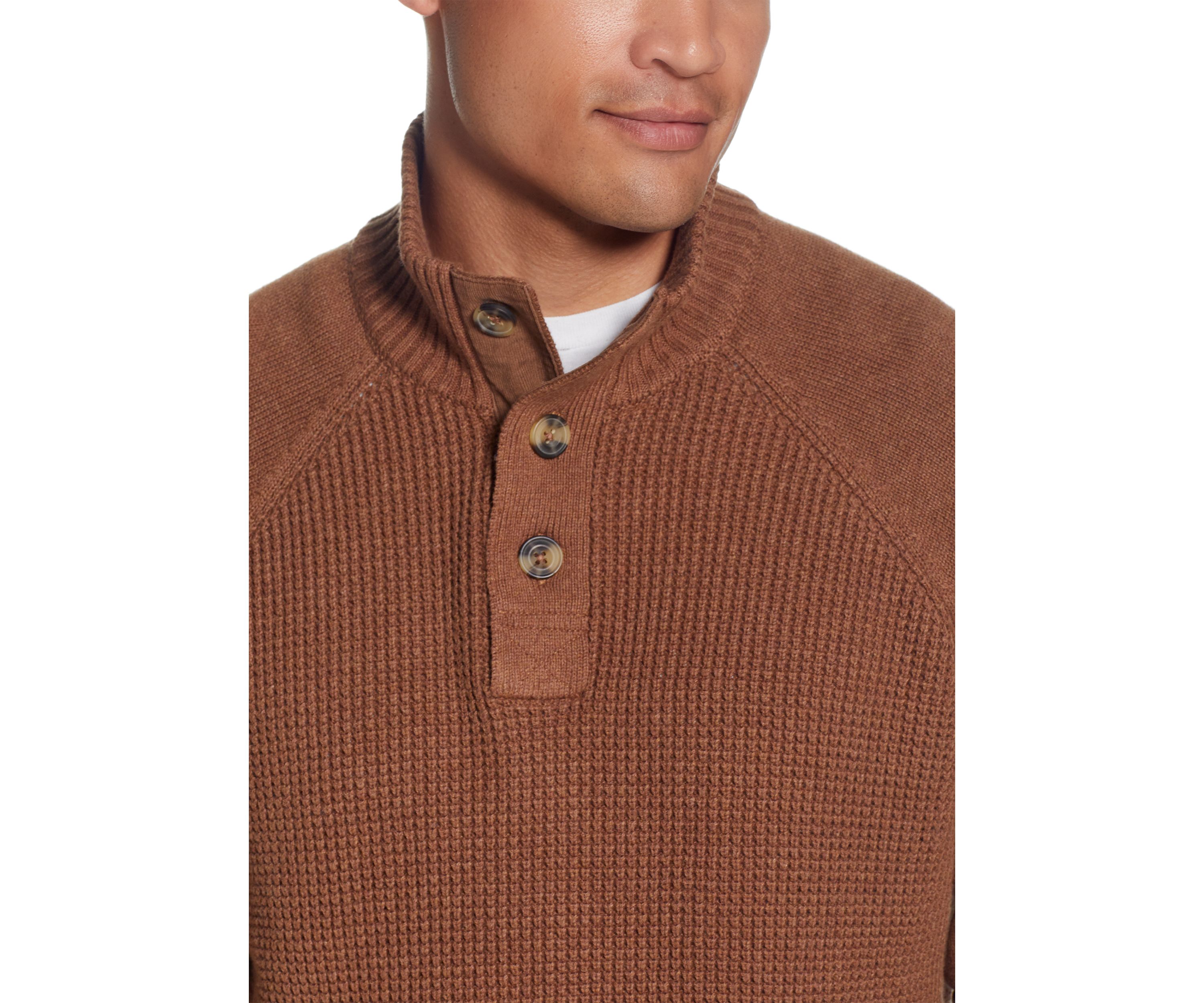 Raglan Sleeve Shaker Stitch Button Up Mock Neck Sweater 