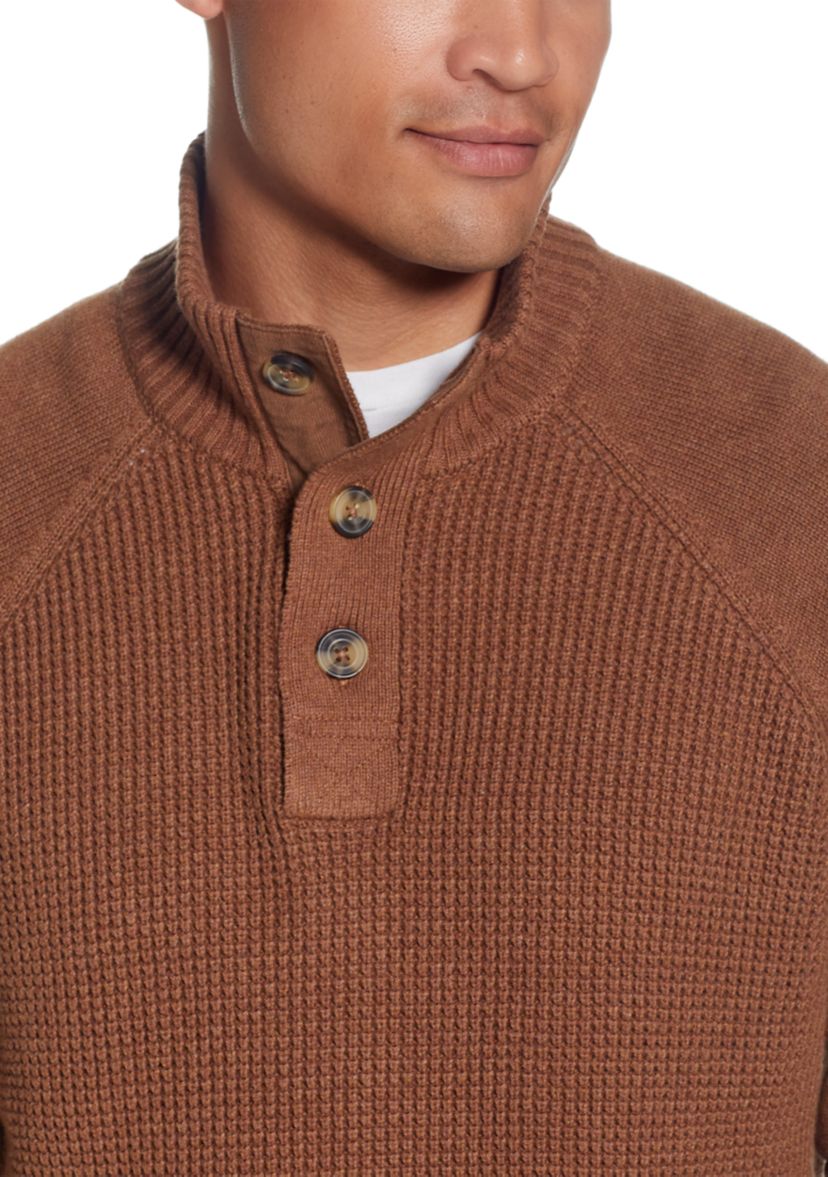 Raglan Sleeve Shaker Stitch Button Up Mock Neck Sweater 