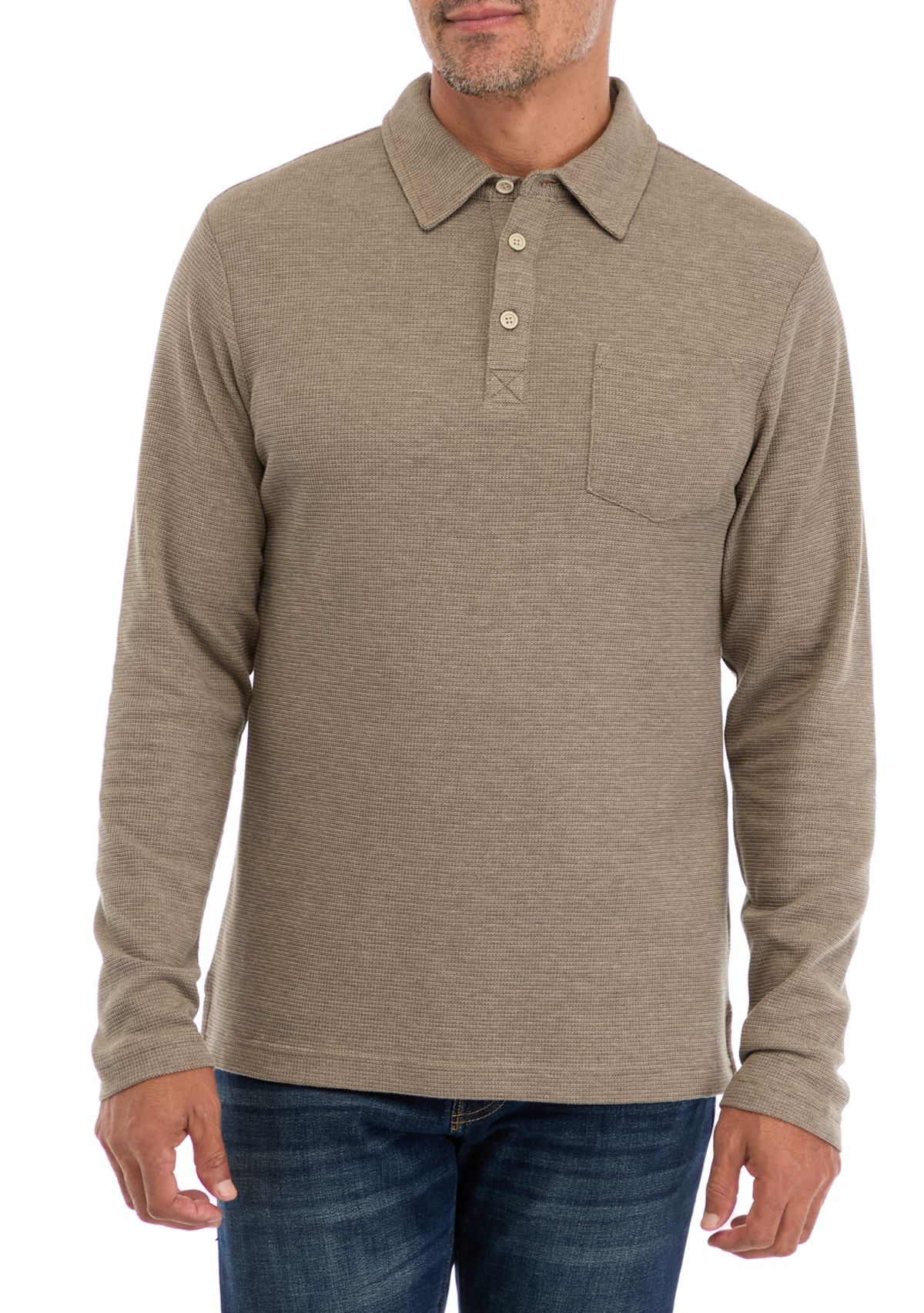 Mens Long Sleeve Micro-Stripe Waffle Polo Shirt