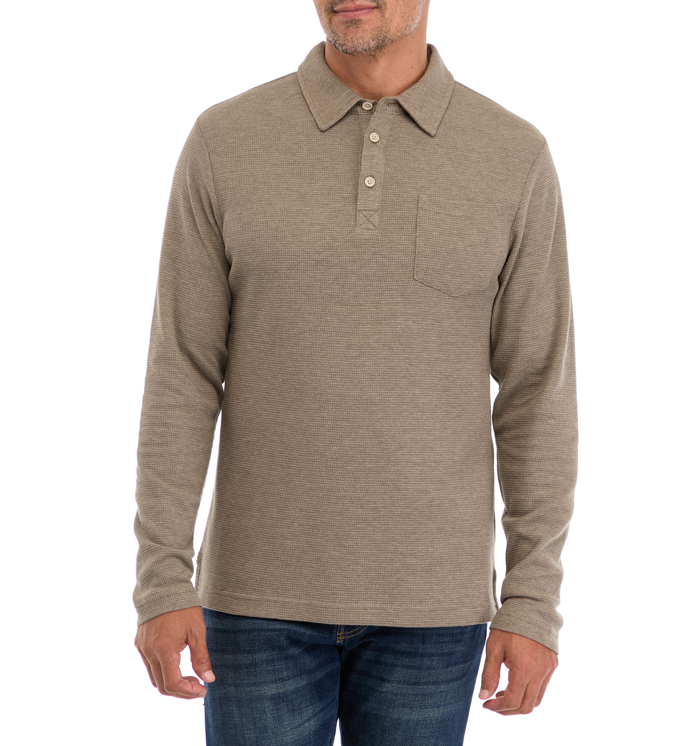 Mens Long Sleeve Micro-Stripe Waffle Polo Shirt