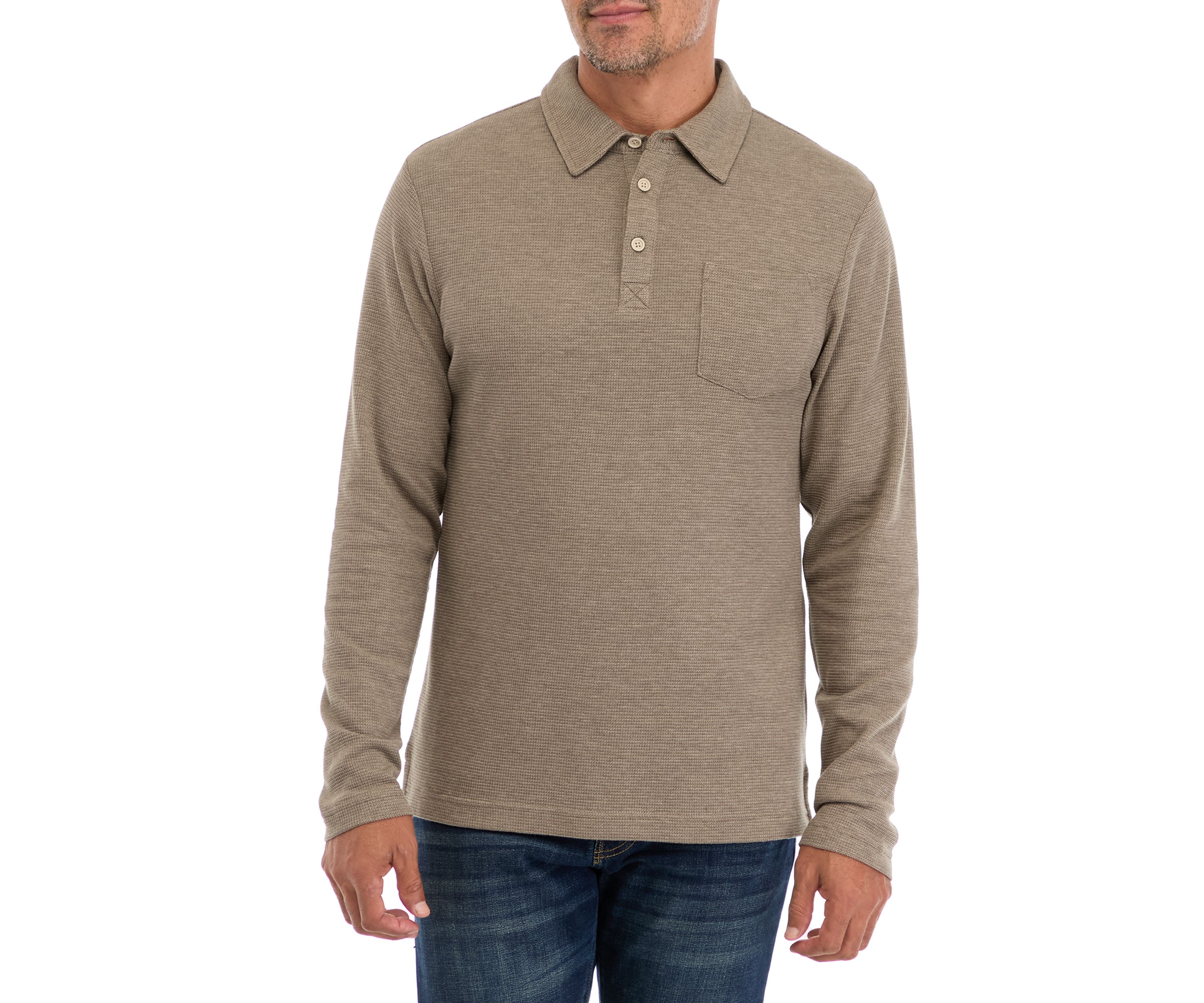 Mens Long Sleeve Micro-Stripe Waffle Polo Shirt