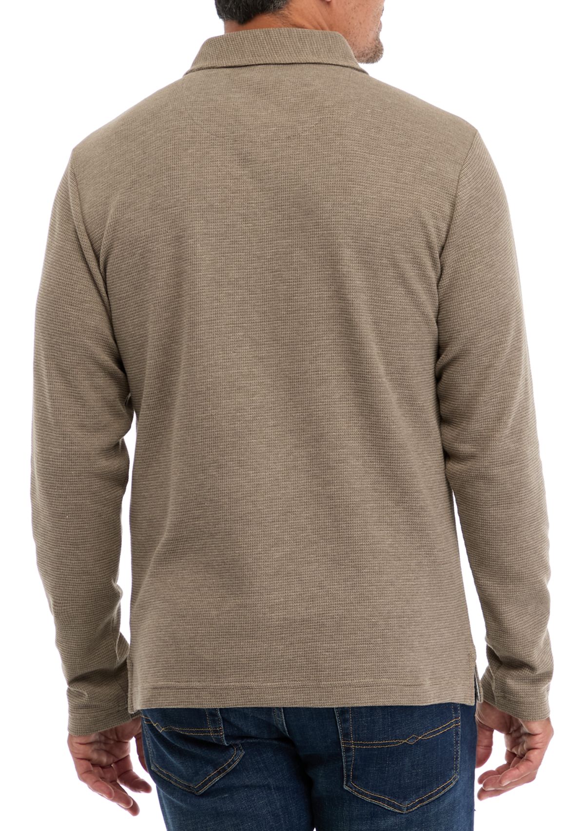 Mens Long Sleeve Micro-Stripe Waffle Polo Shirt