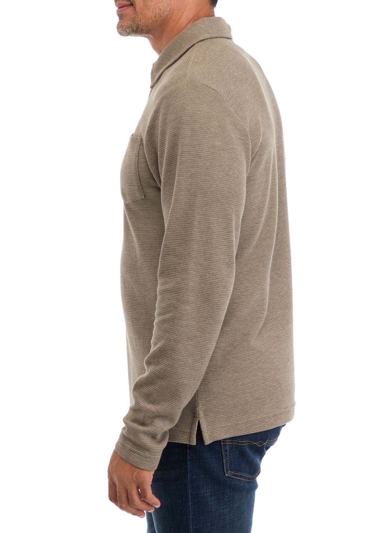 Mens Long Sleeve Micro-Stripe Waffle Polo Shirt