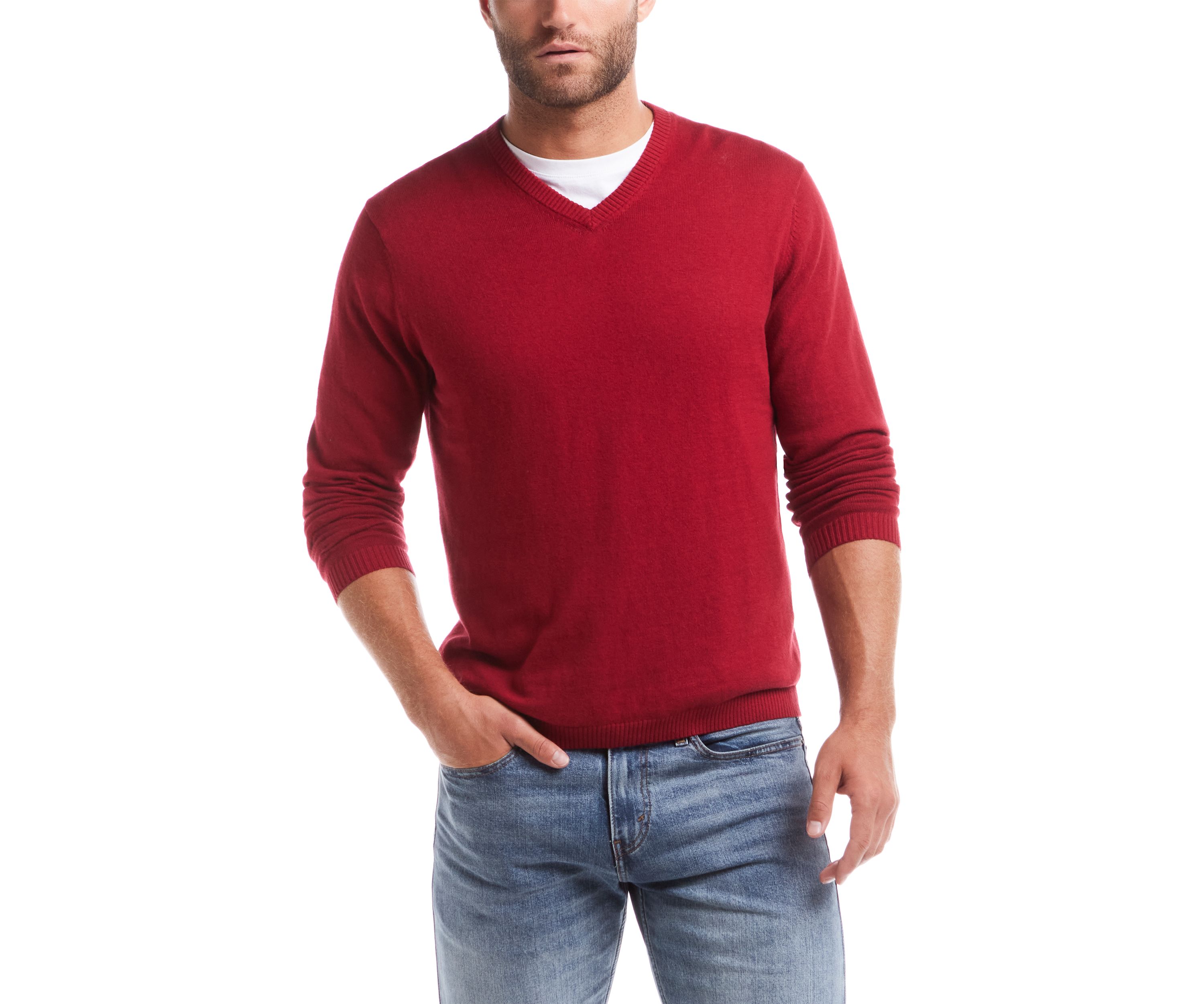 Mens Cotton Cashmere V-Neck Sweater with Internal Flannel Trim