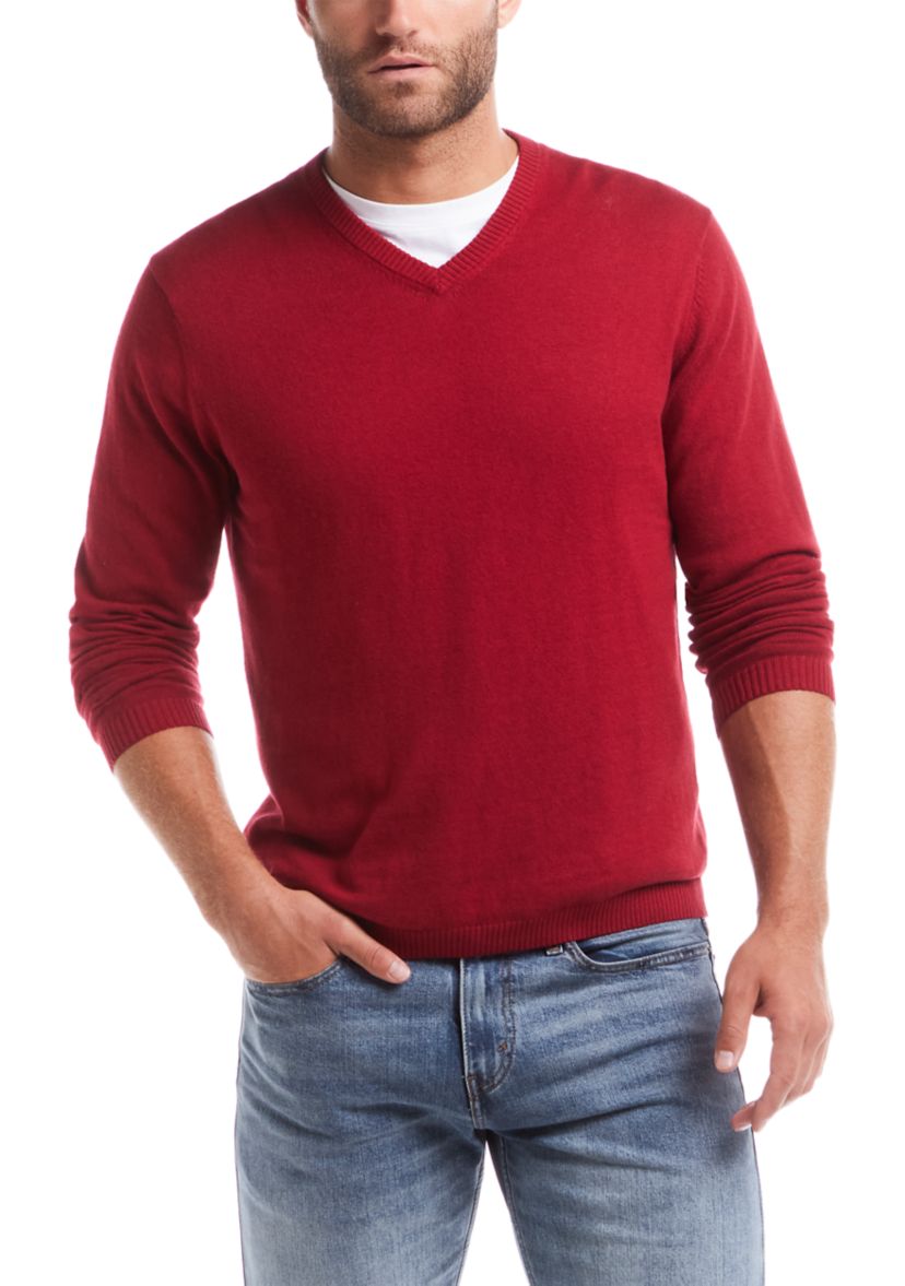 Mens Cotton Cashmere V-Neck Sweater with Internal Flannel Trim