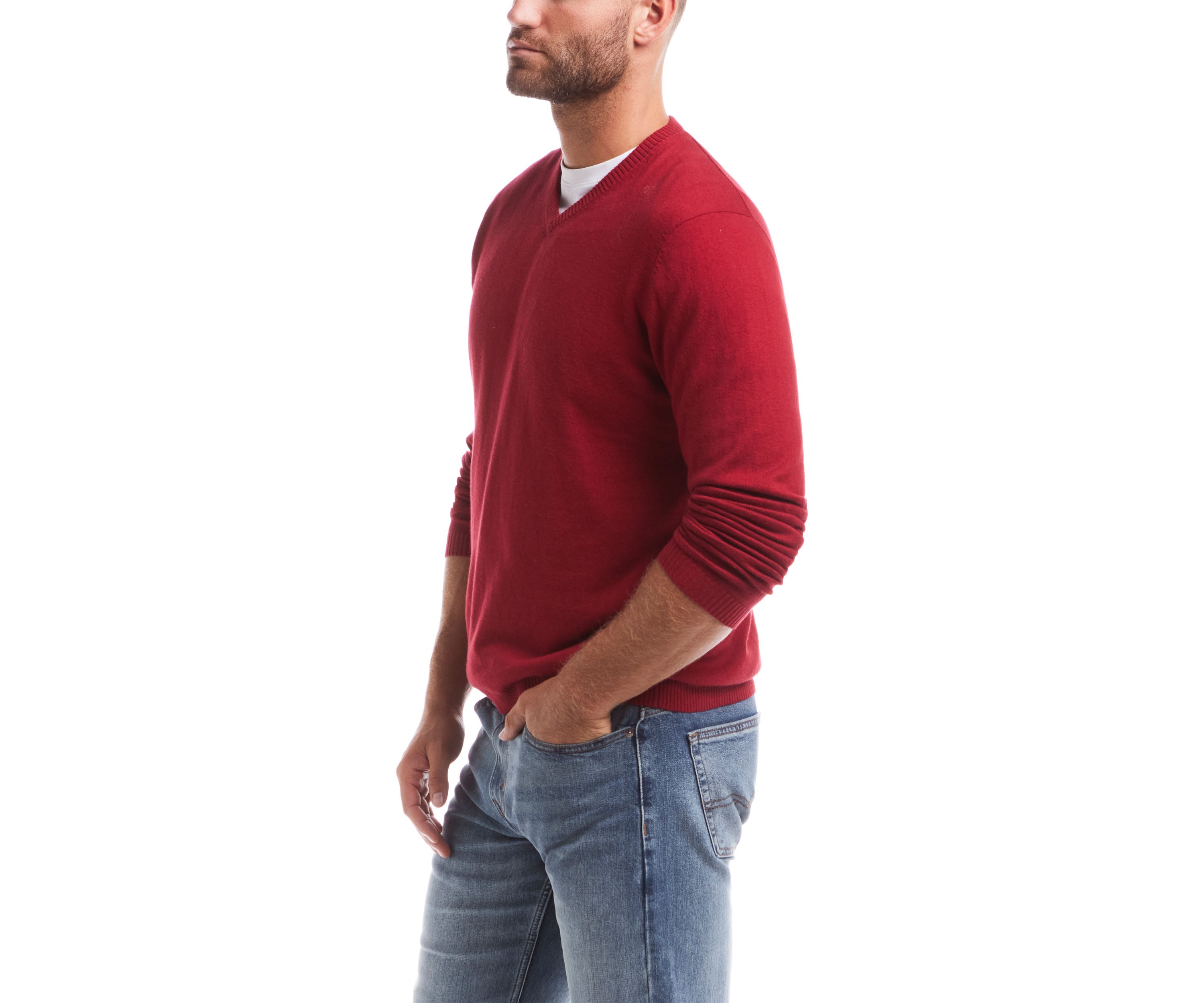 Mens Cotton Cashmere V-Neck Sweater with Internal Flannel Trim