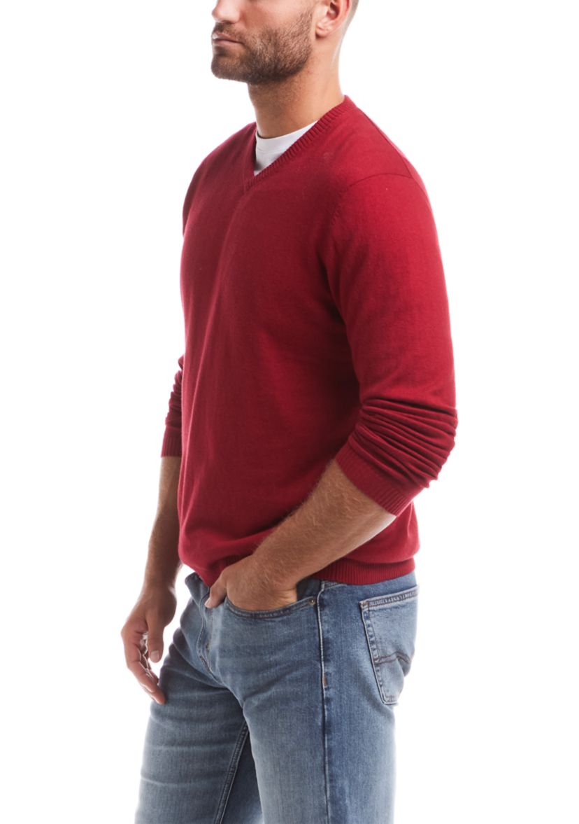 Mens Cotton Cashmere V-Neck Sweater with Internal Flannel Trim