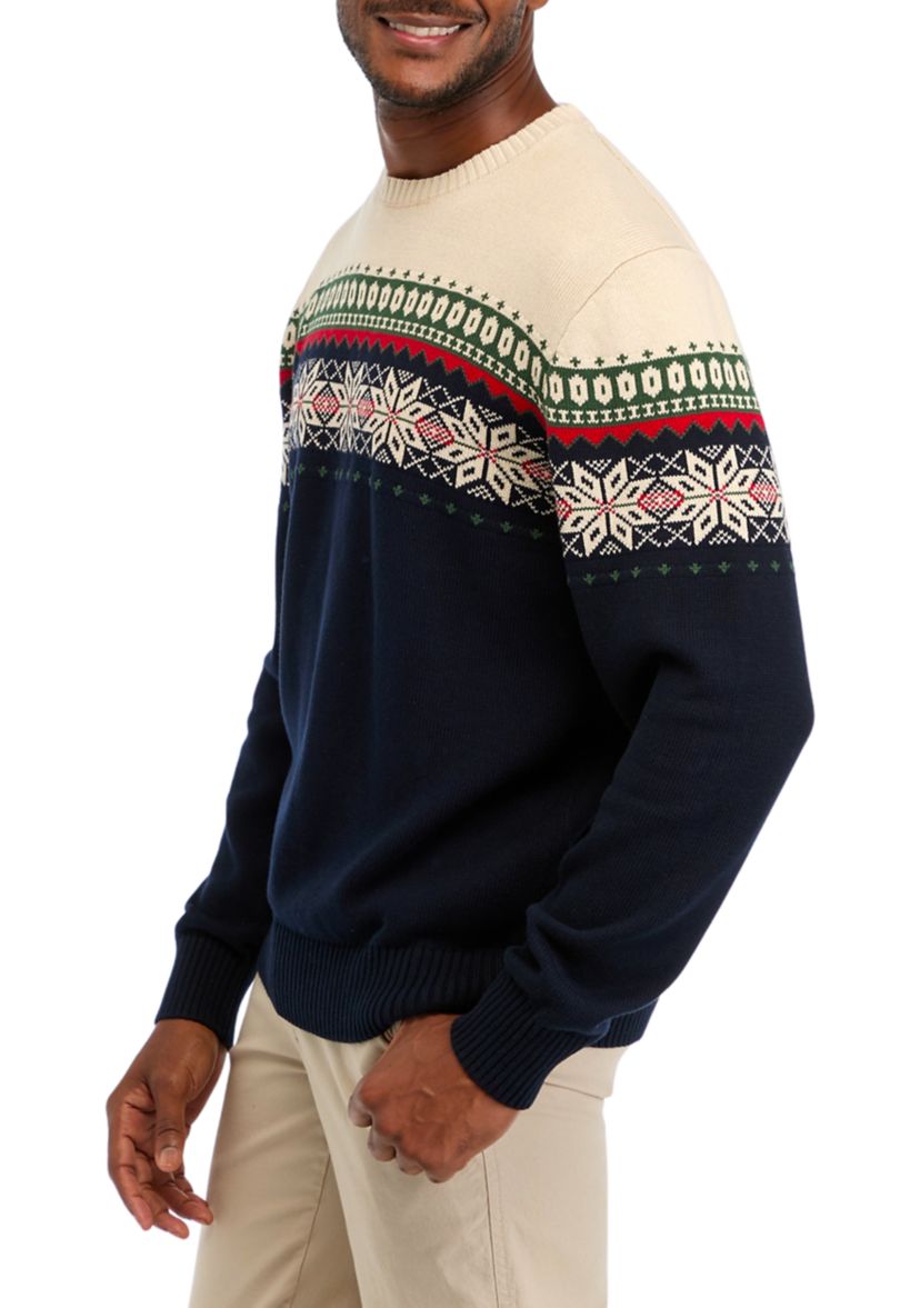 Mens Holiday Snowflake Crew Neck Sweater 
