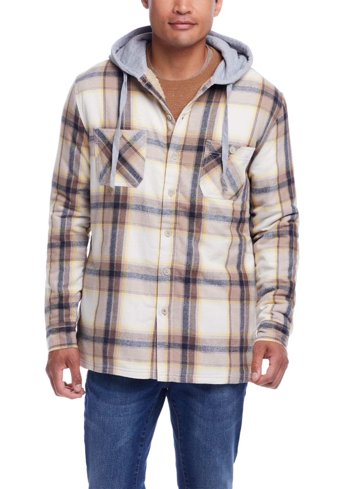 Mens Sherpa Lined Hooded Flannel Shirt Jacket