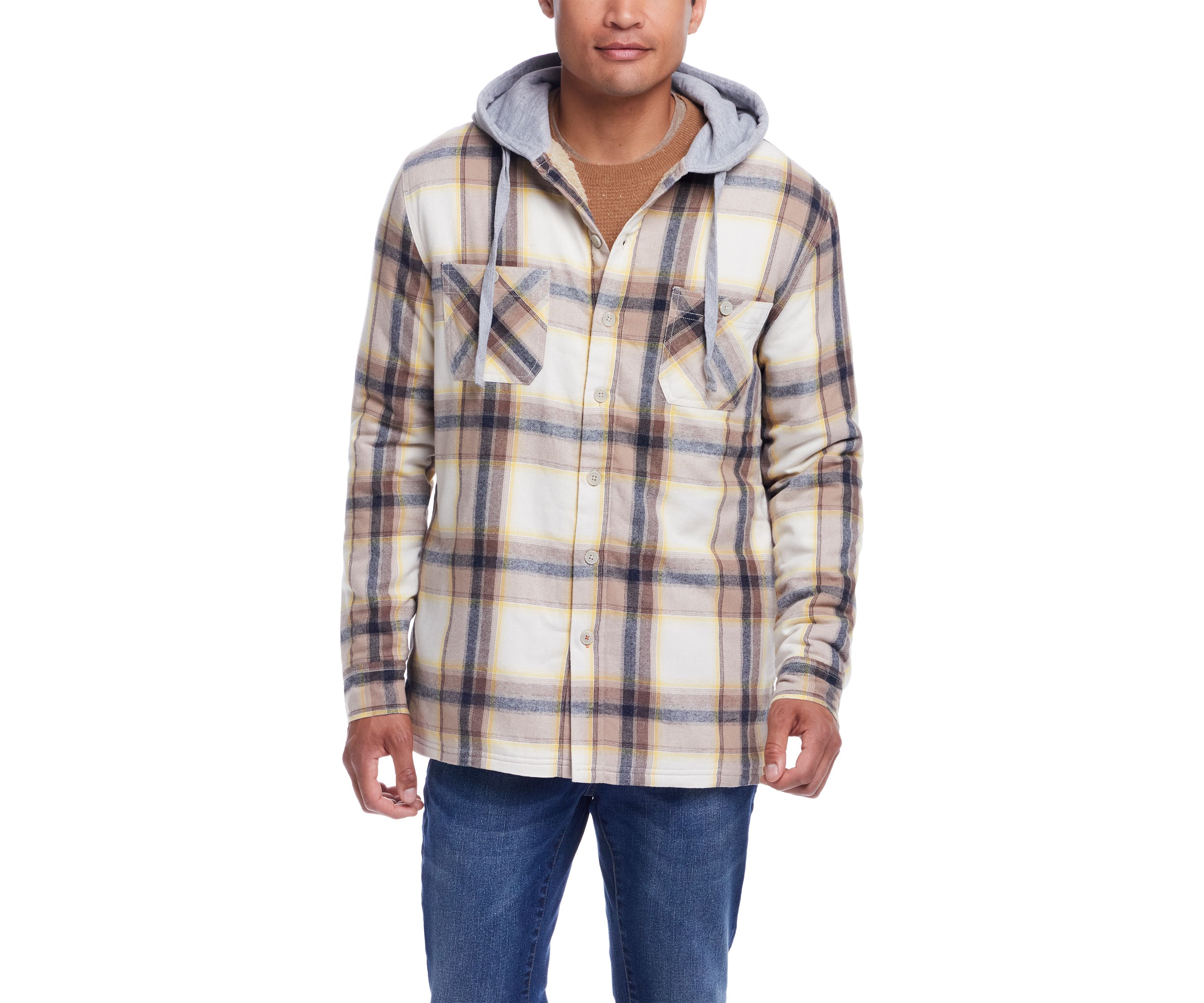 Mens Sherpa Lined Hooded Flannel Shirt Jacket