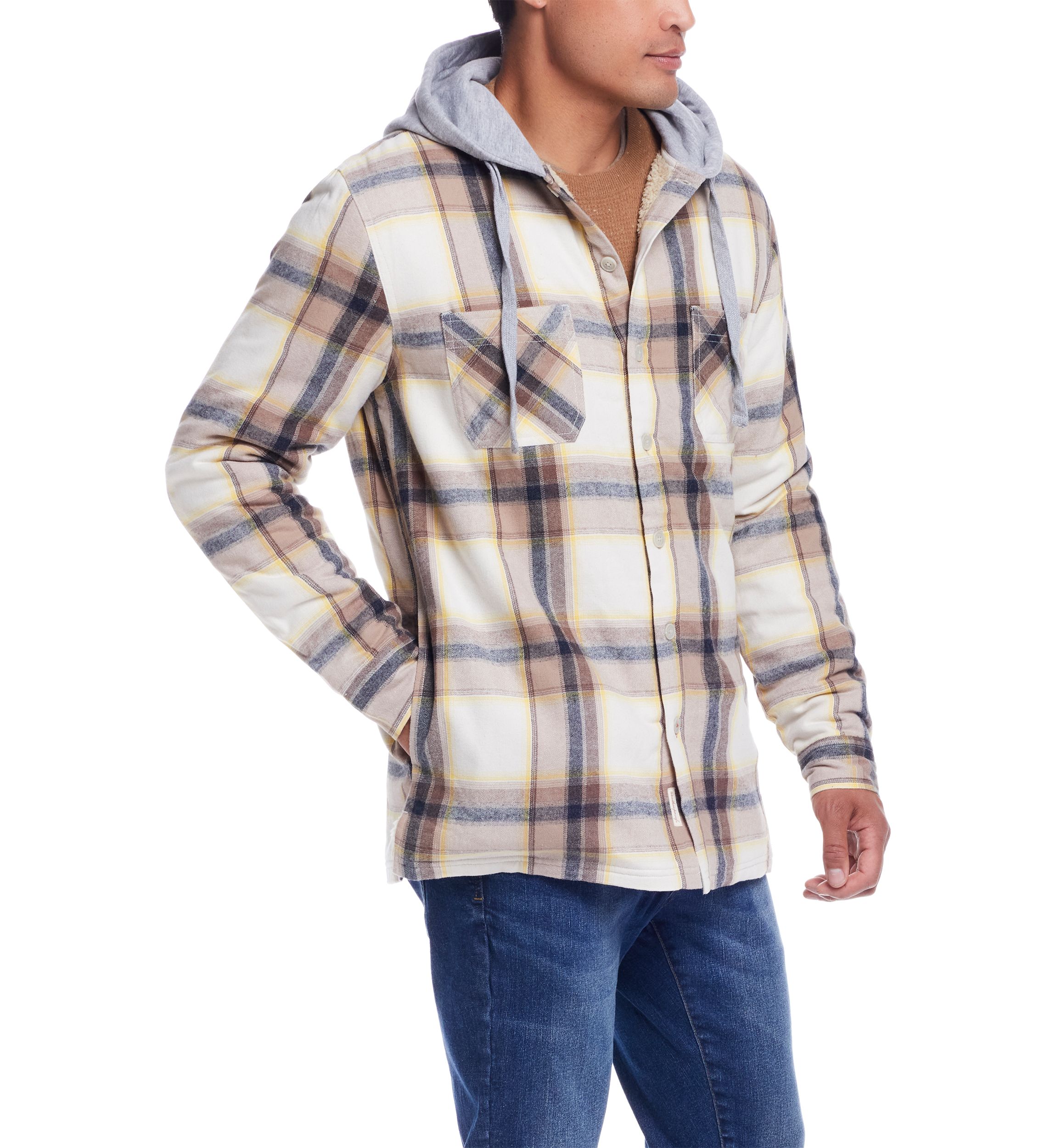 Mens Sherpa Lined Hooded Flannel Shirt Jacket