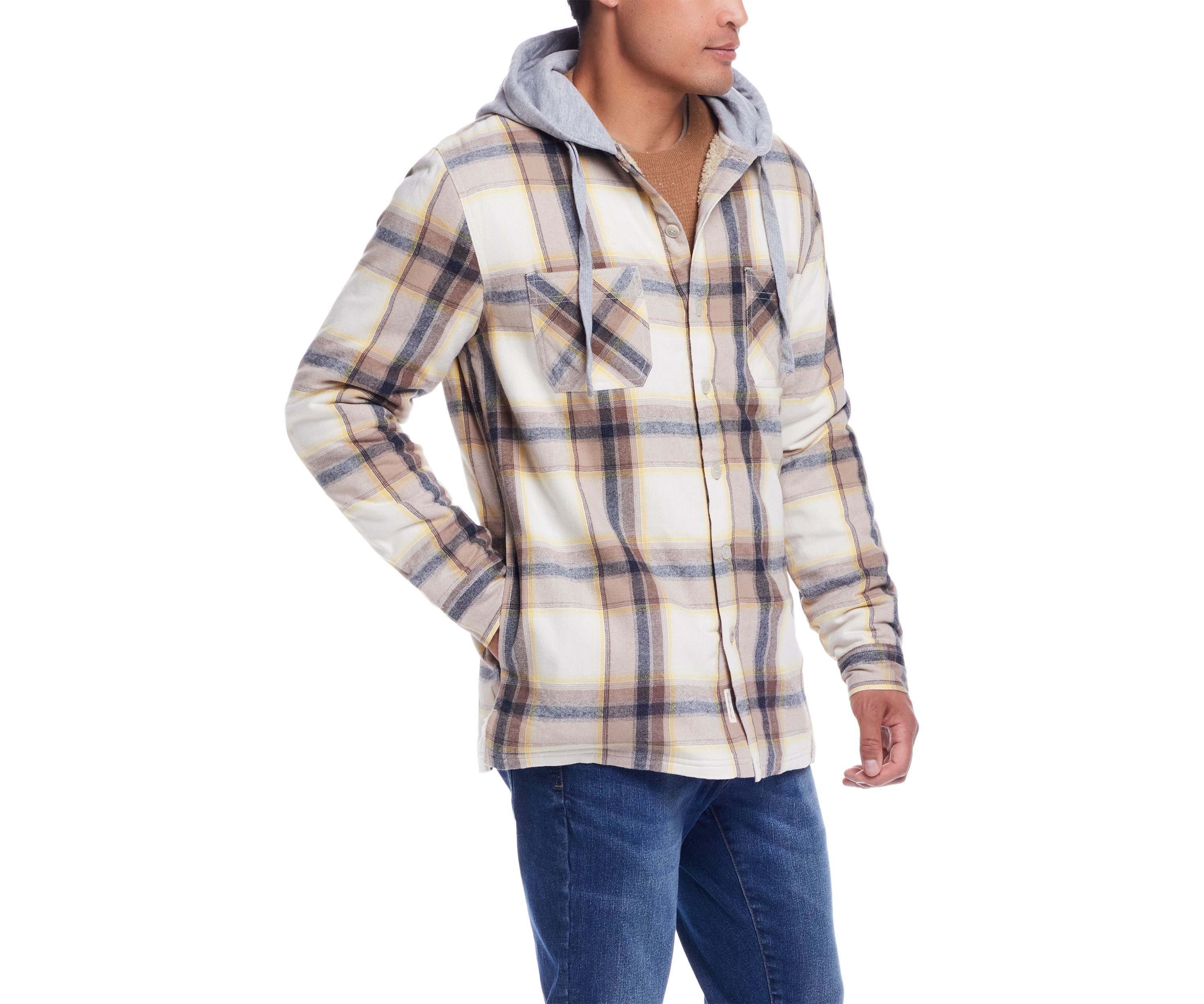 Mens Sherpa Lined Hooded Flannel Shirt Jacket