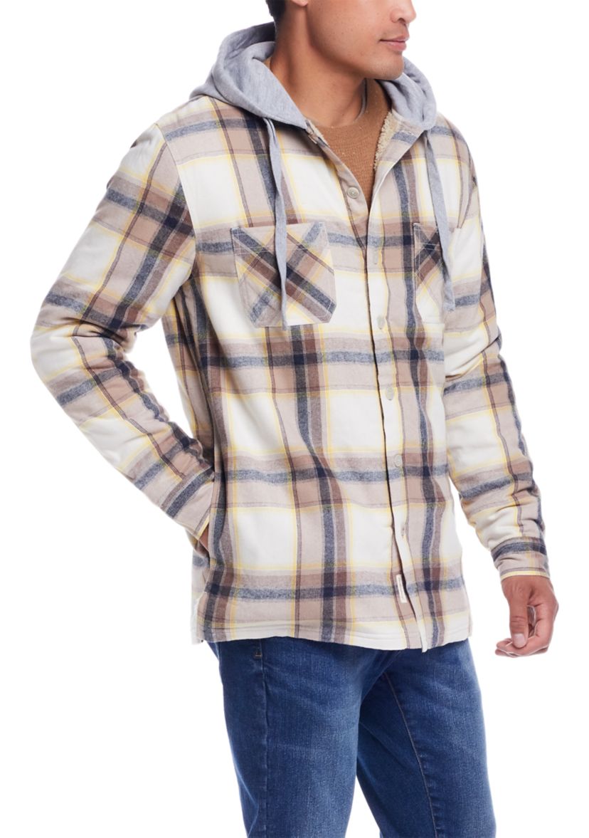 Mens Sherpa Lined Hooded Flannel Shirt Jacket