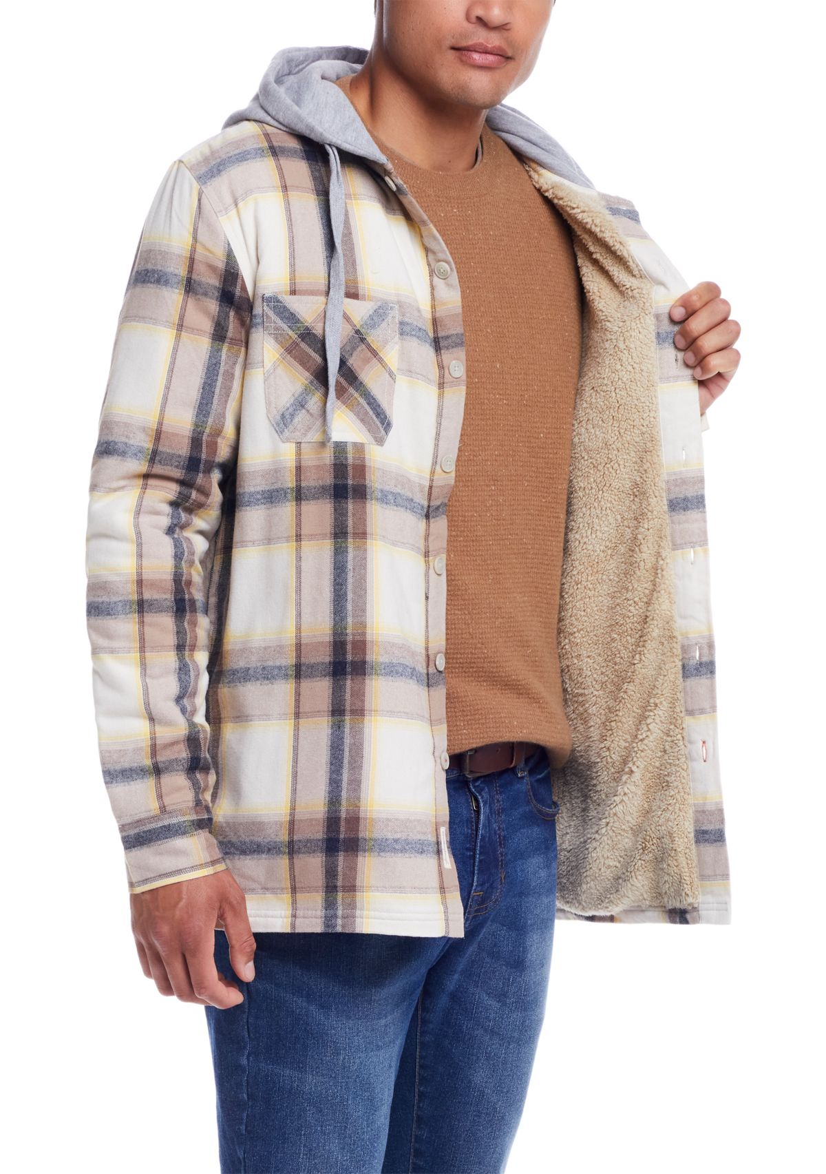 Mens Sherpa Lined Hooded Flannel Shirt Jacket