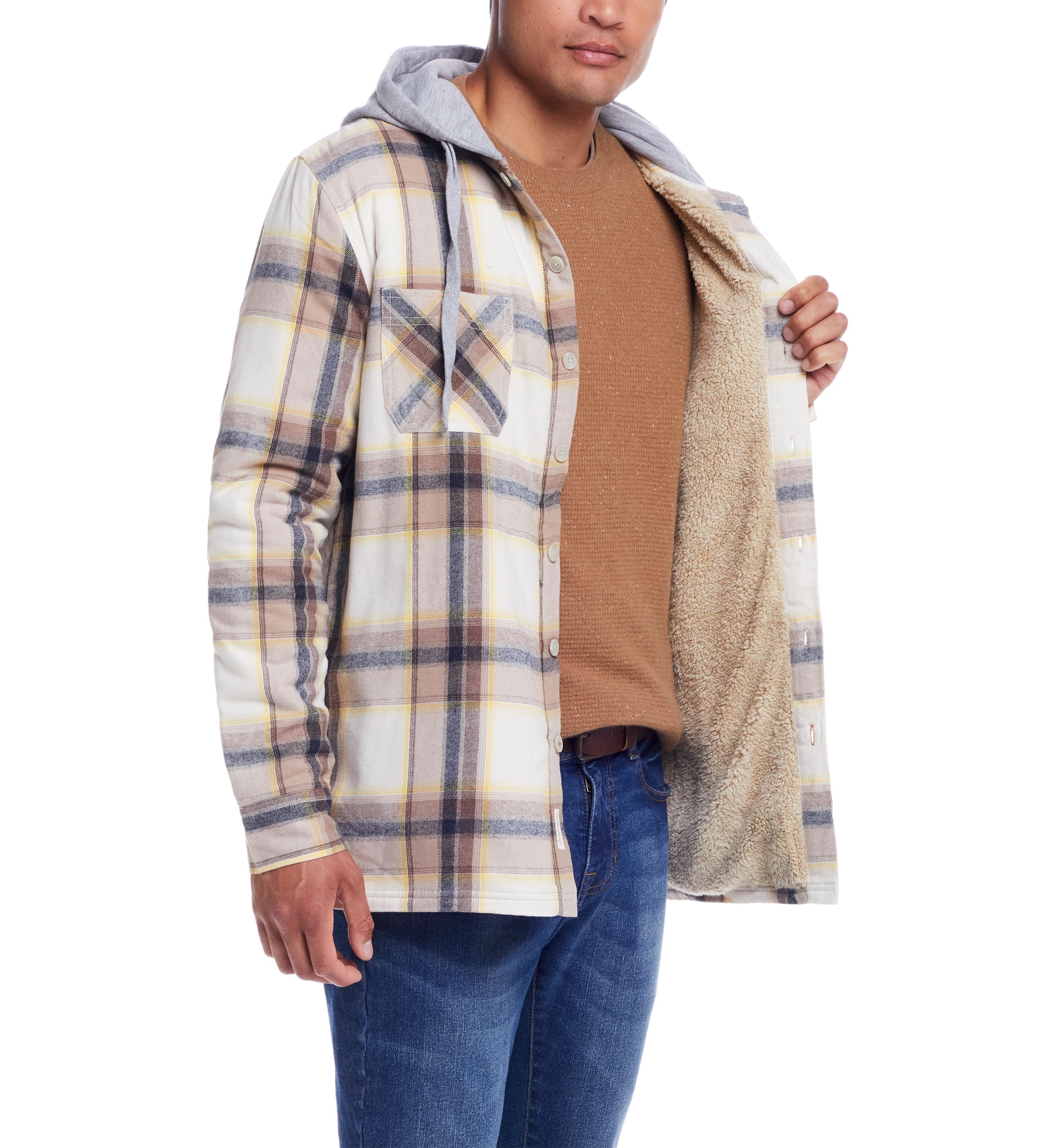 Mens Sherpa Lined Hooded Flannel Shirt Jacket