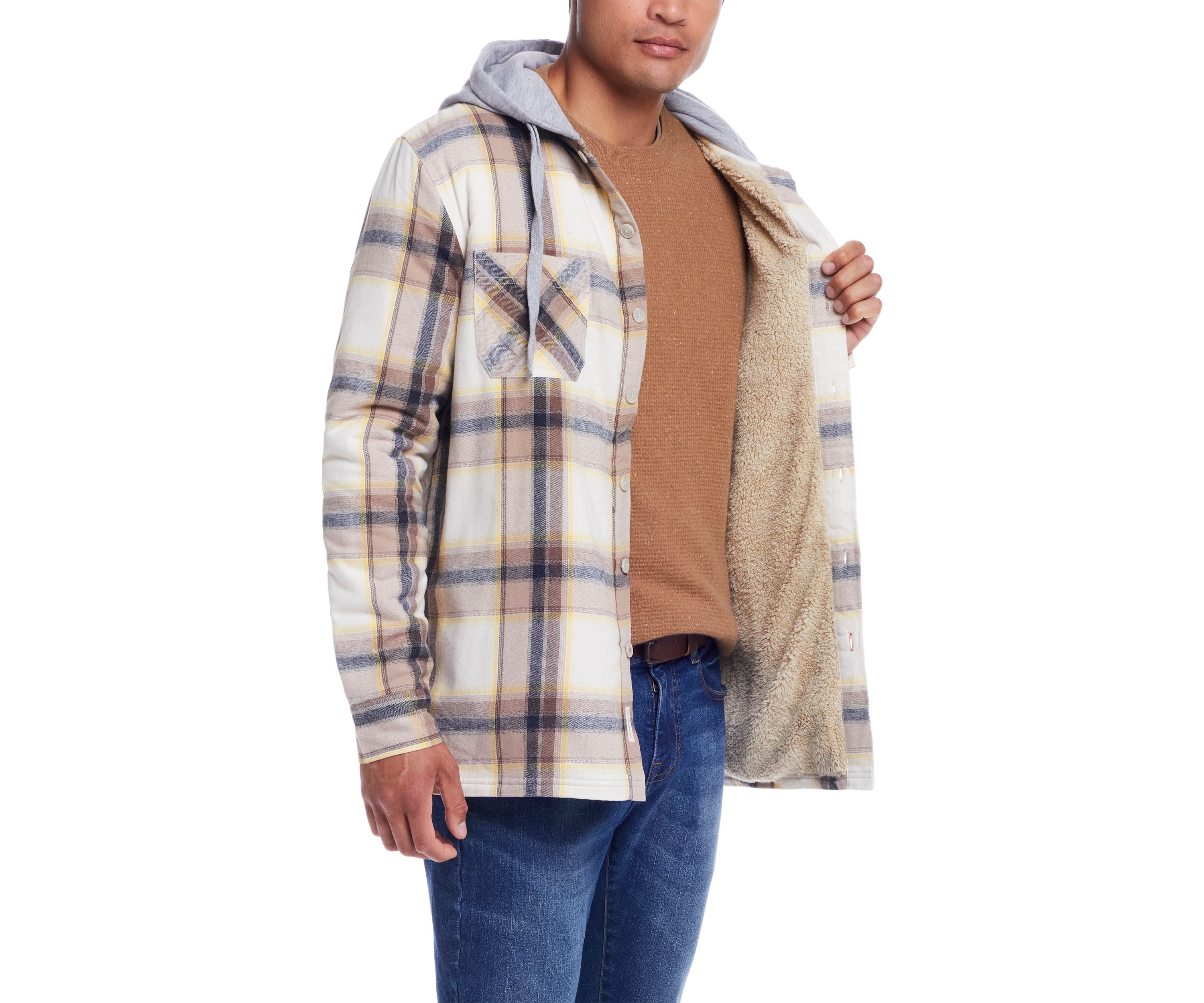 Mens Sherpa Lined Hooded Flannel Shirt Jacket