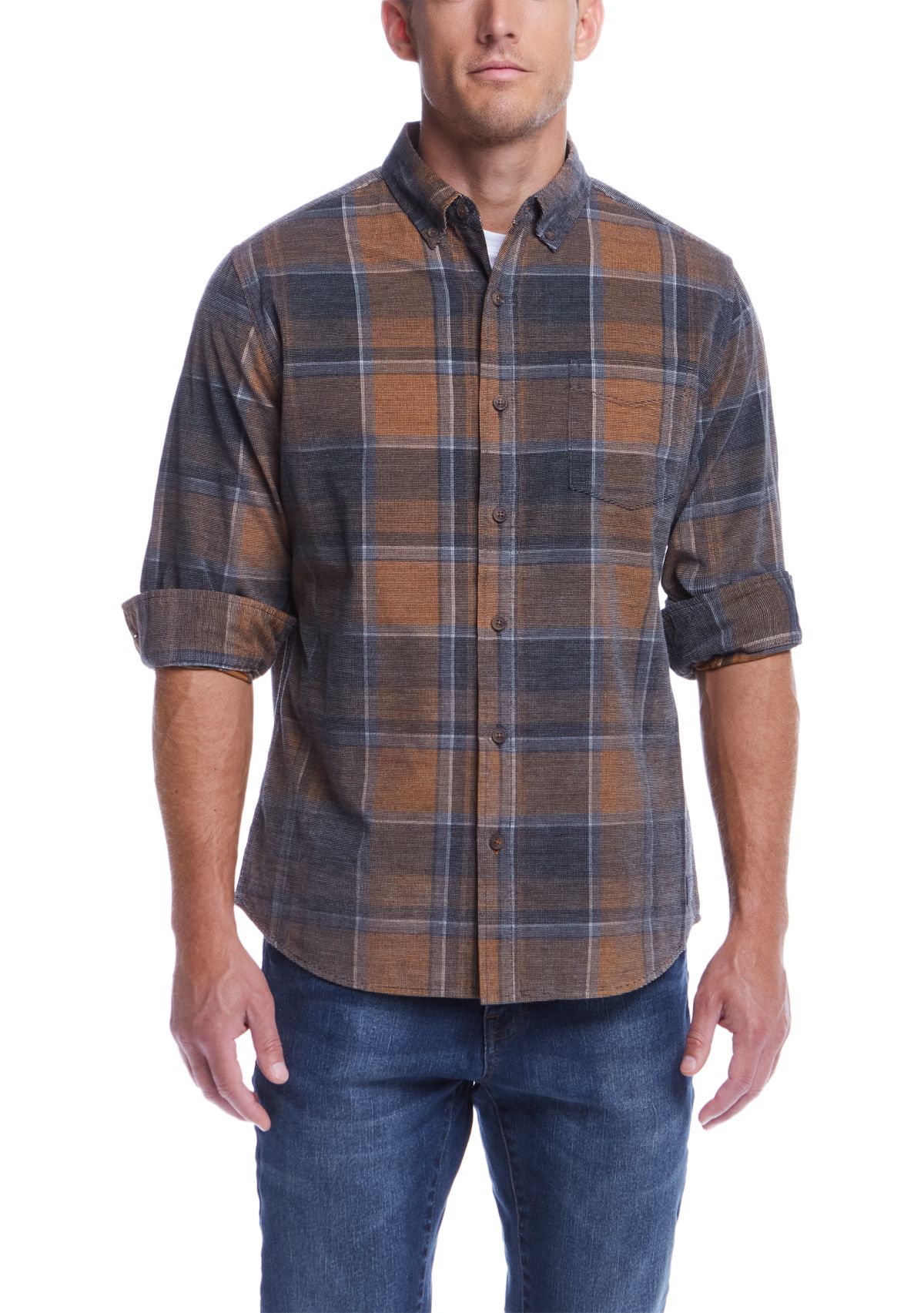 Mens Distressed Plaid Corduroy Long Sleeve Button Down Shirt