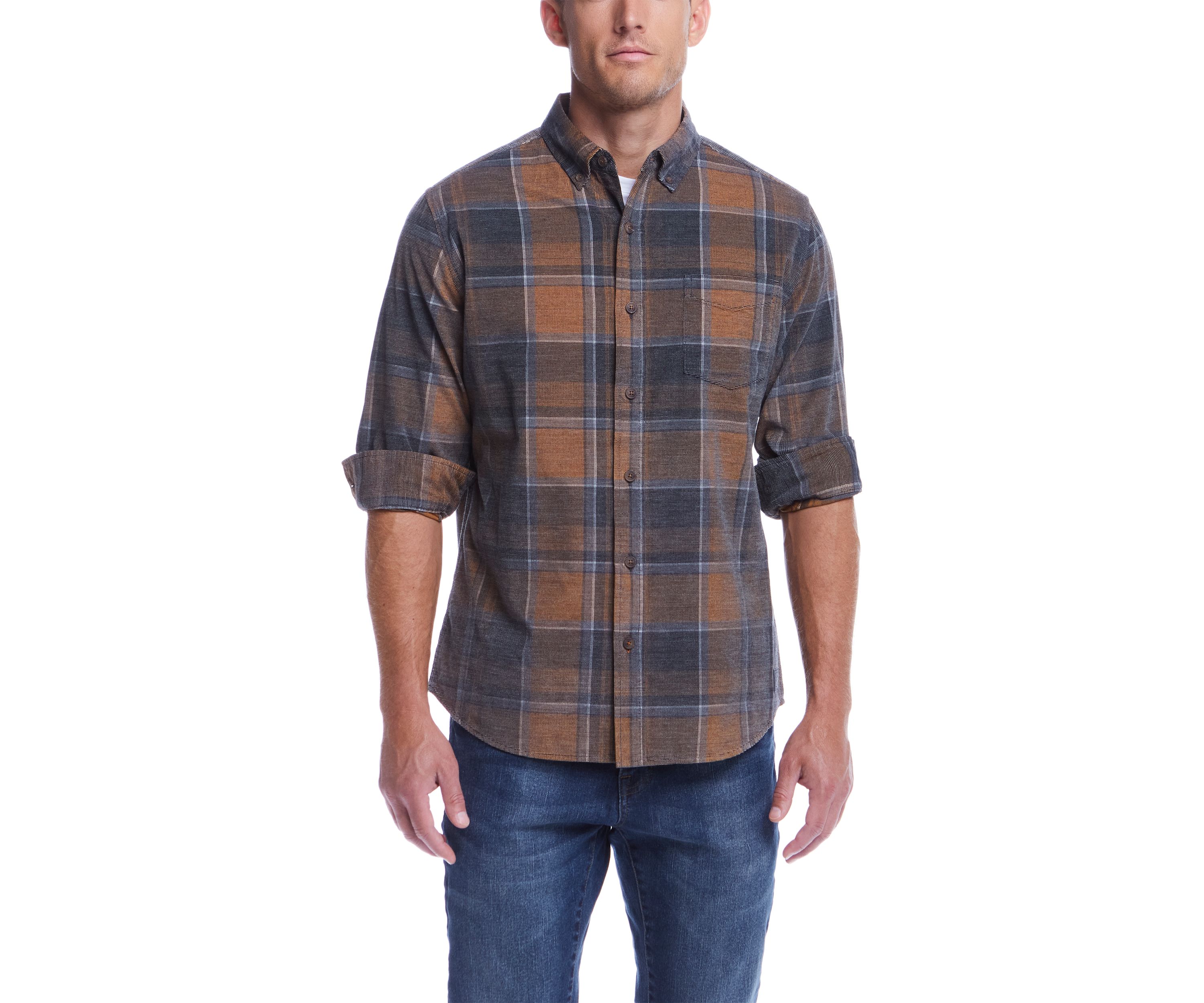 Mens Distressed Plaid Corduroy Long Sleeve Button Down Shirt