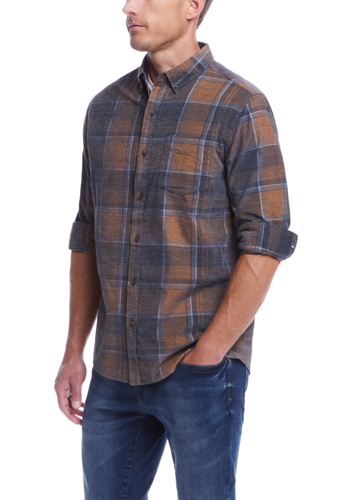 Mens Distressed Plaid Corduroy Long Sleeve Button Down Shirt