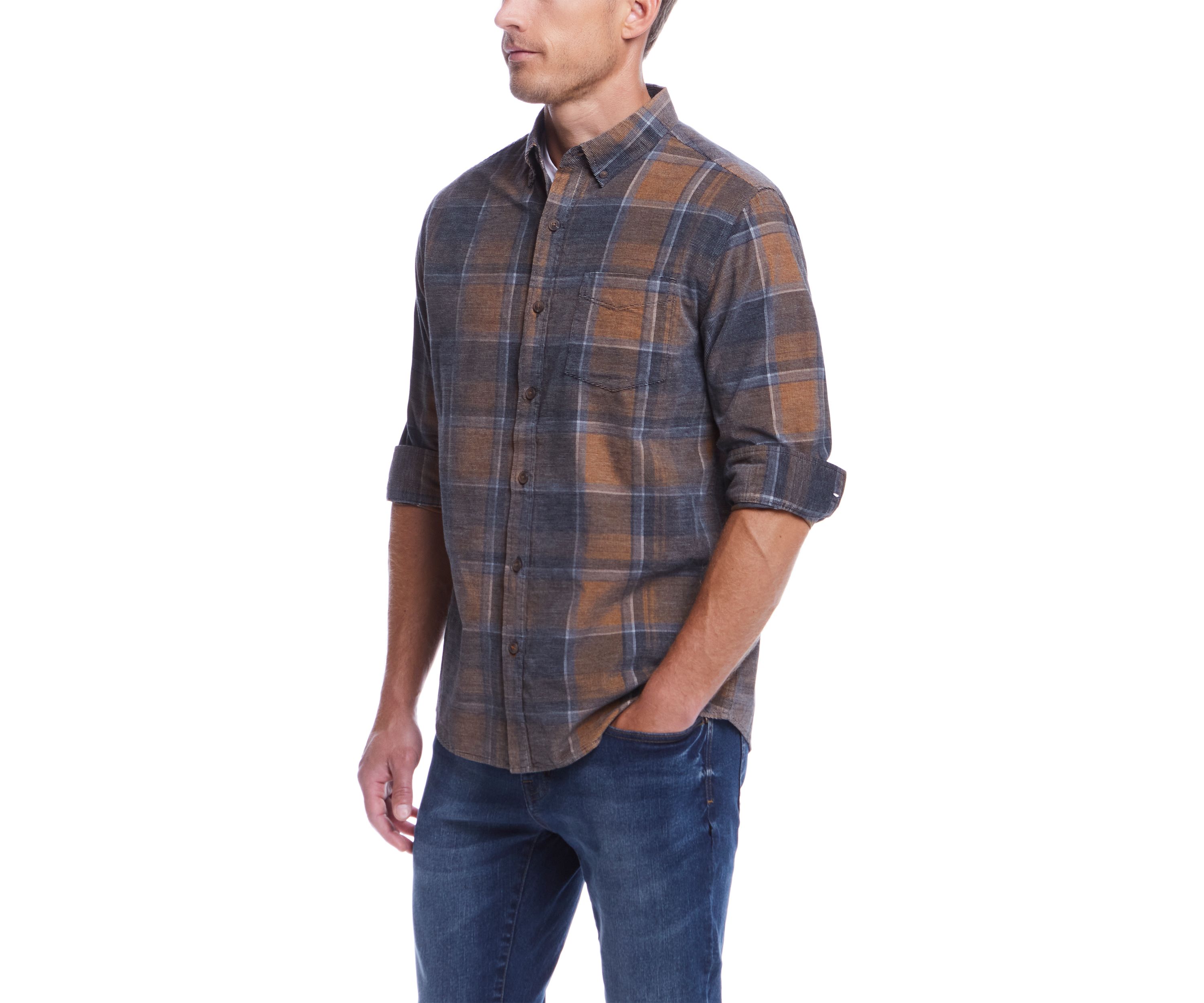 Mens Distressed Plaid Corduroy Long Sleeve Button Down Shirt