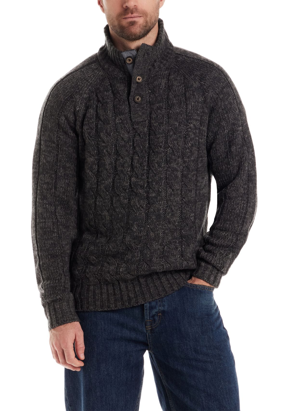 Mens Cable Knit Button Mock Neck Sweater 