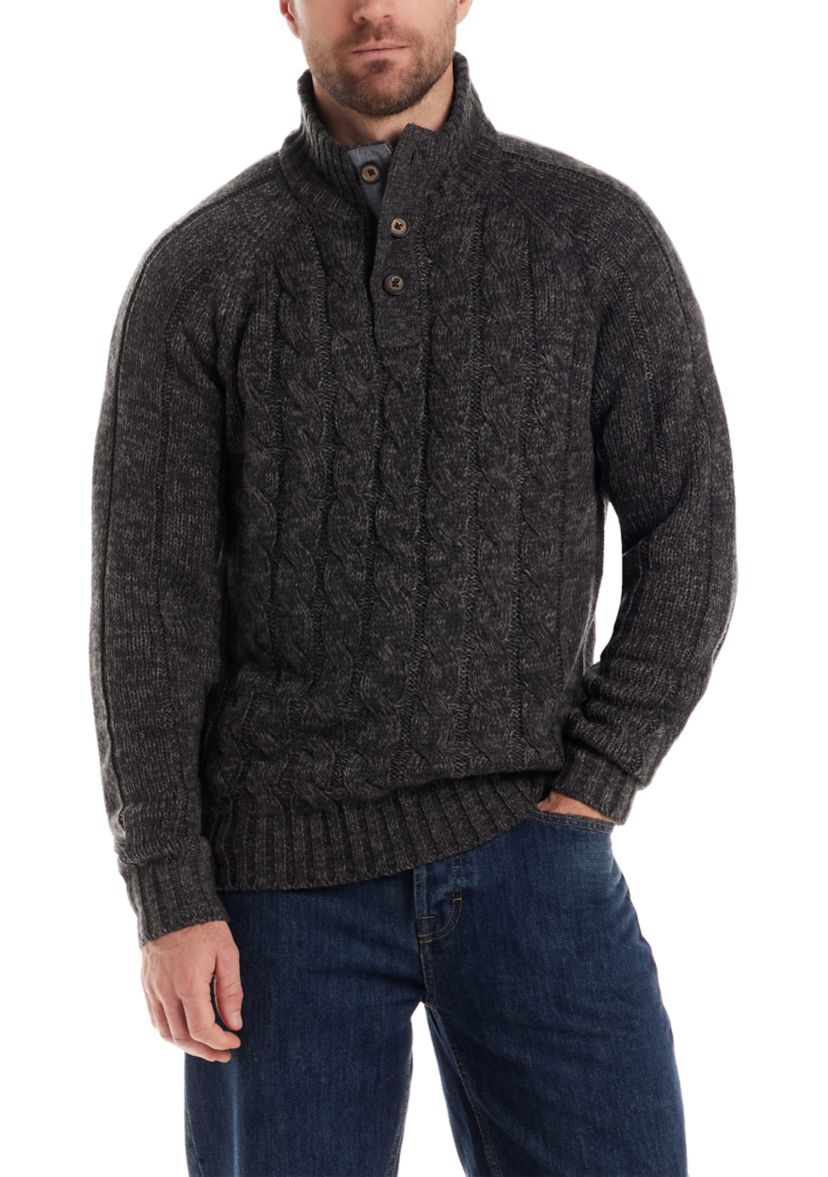 Mens Cable Knit Button Mock Neck Sweater 