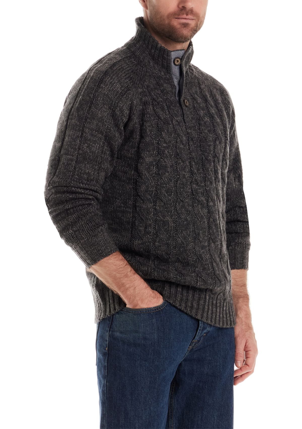 Mens Cable Knit Button Mock Neck Sweater 