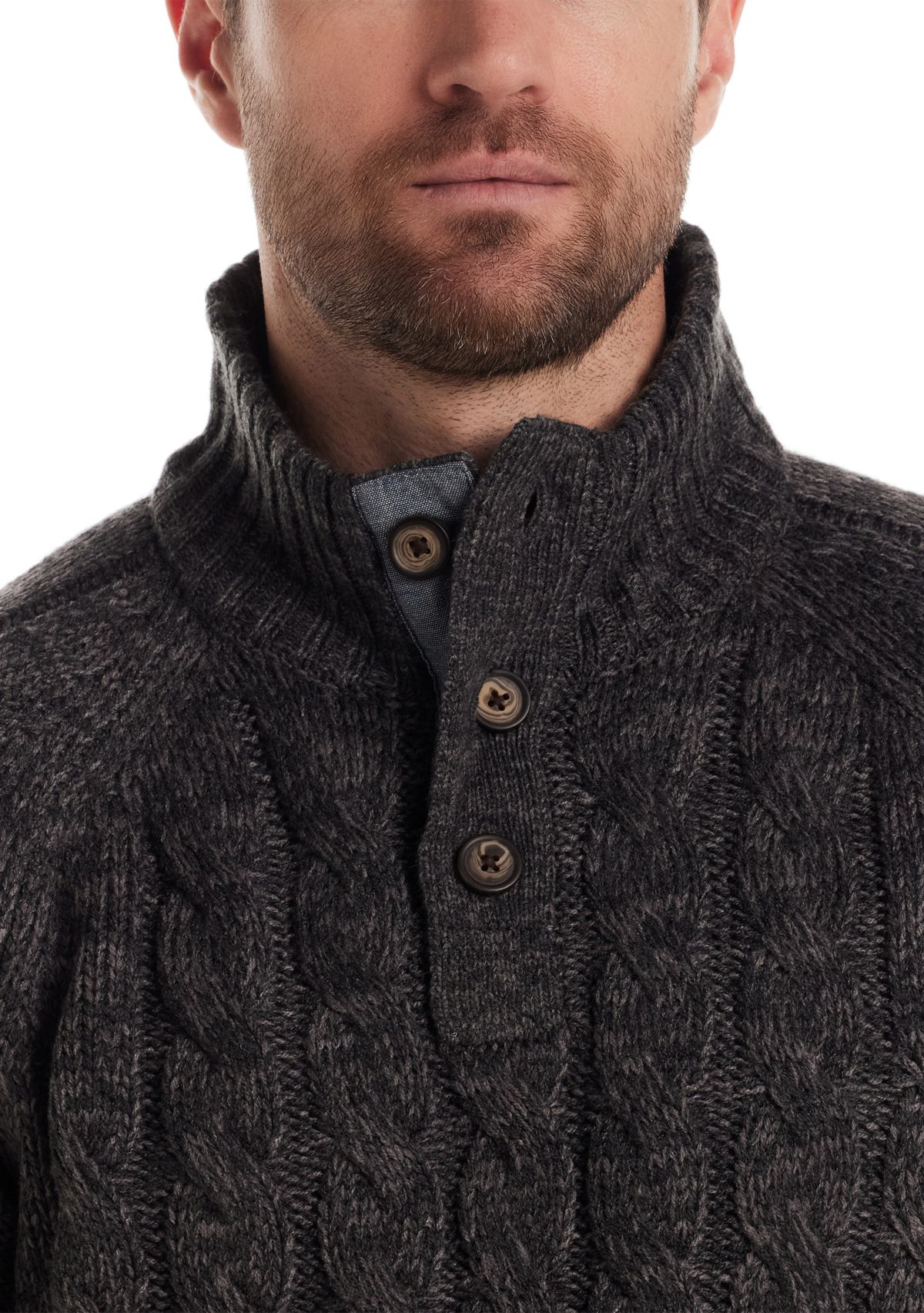 Mens Cable Knit Button Mock Neck Sweater 