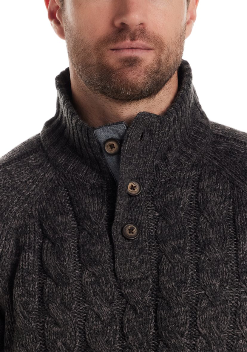 Mens Cable Knit Button Mock Neck Sweater 
