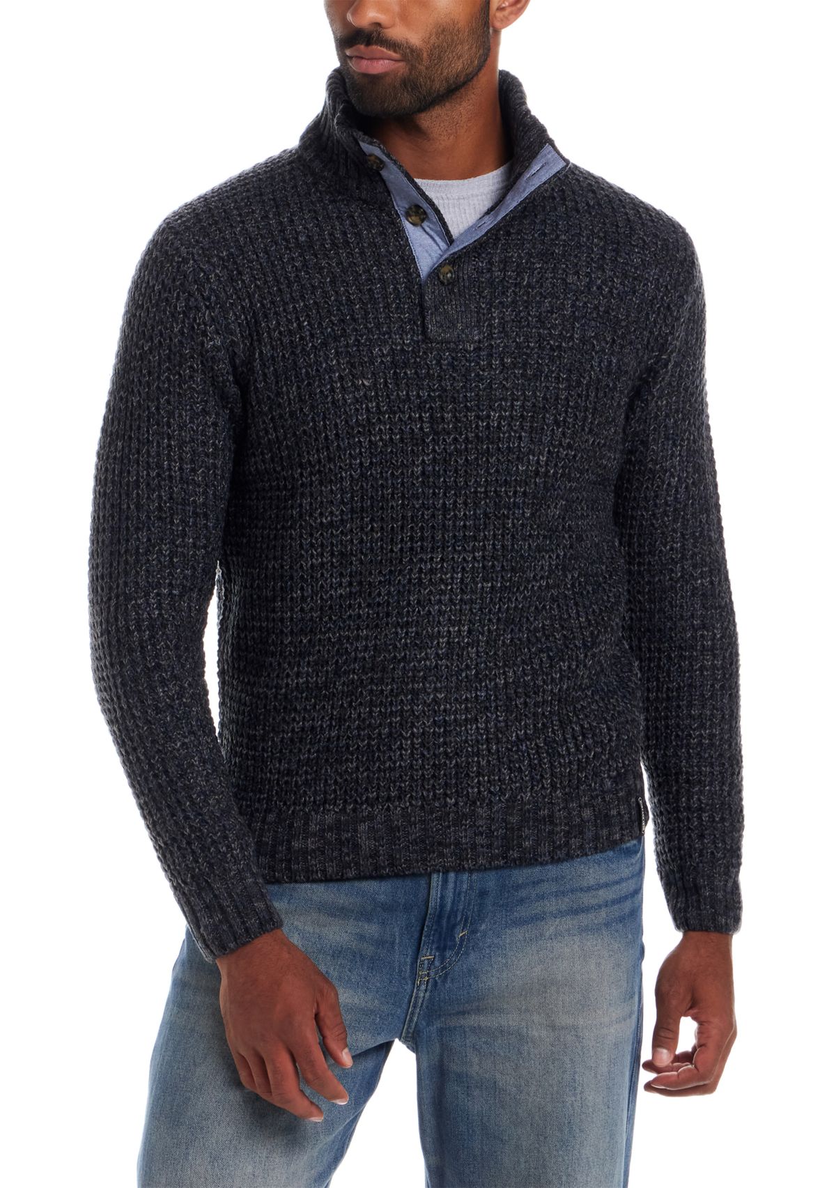 Mens Textured Quarter Button Mock Neck Sweater
