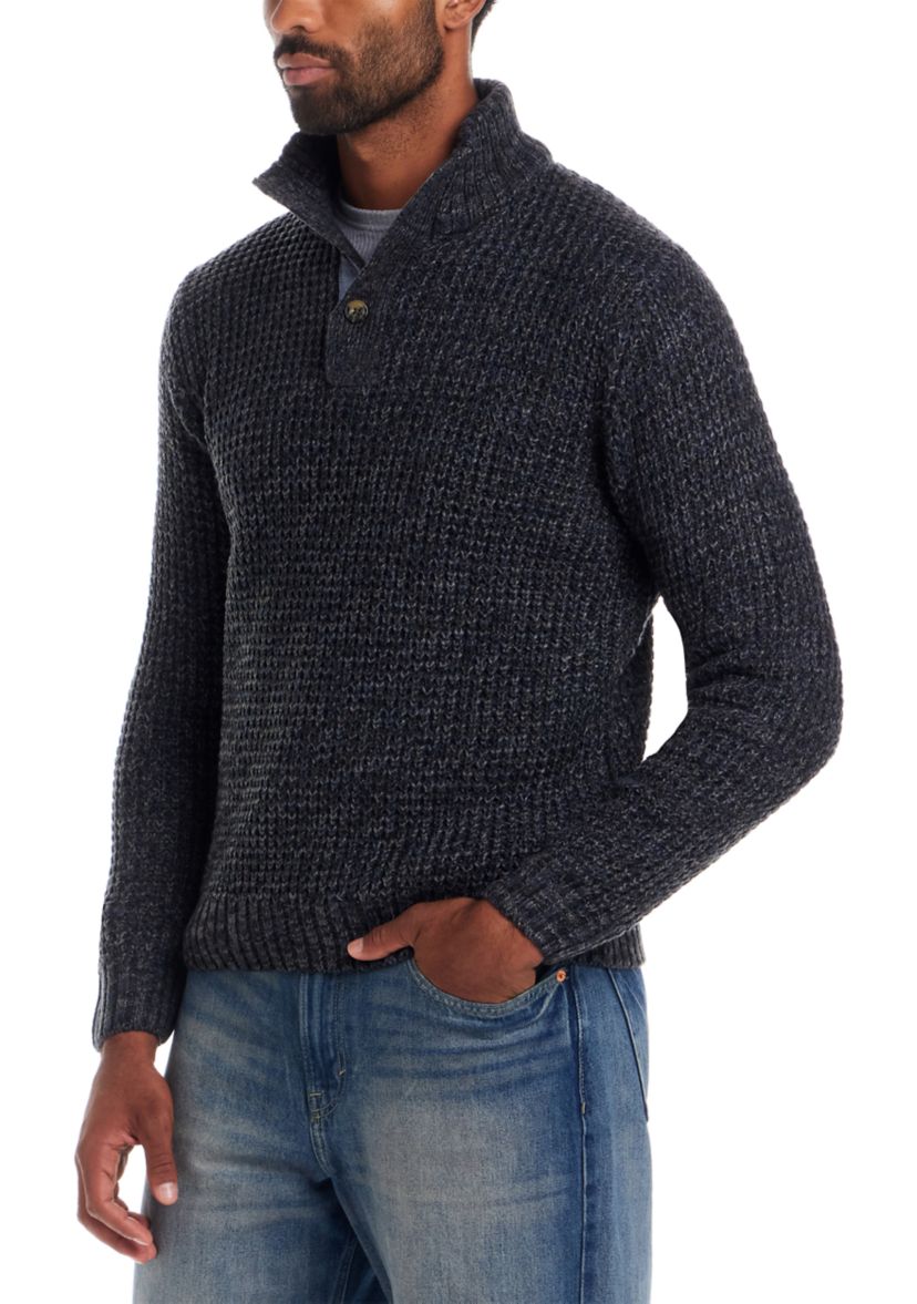 Mens Textured Quarter Button Mock Neck Sweater