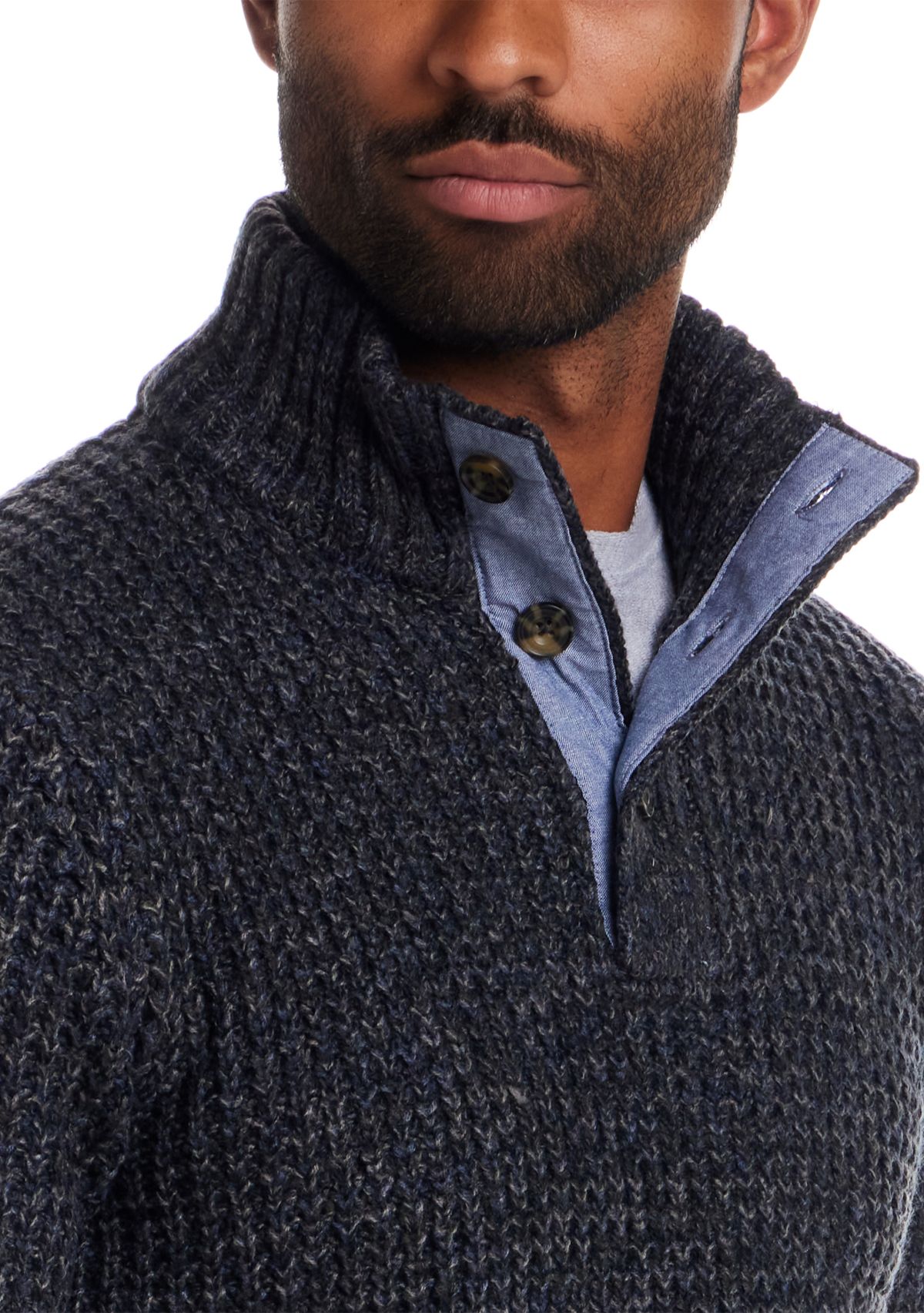 Mens Textured Quarter Button Mock Neck Sweater