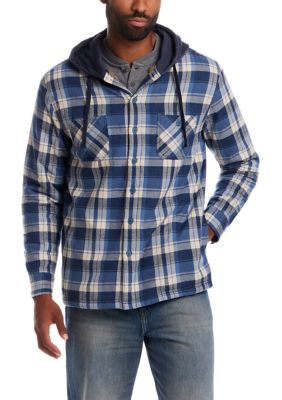 Weatherproof Vintage Men's Sherpa Lined Hooded Shirt Jacket, Blue, 2XL