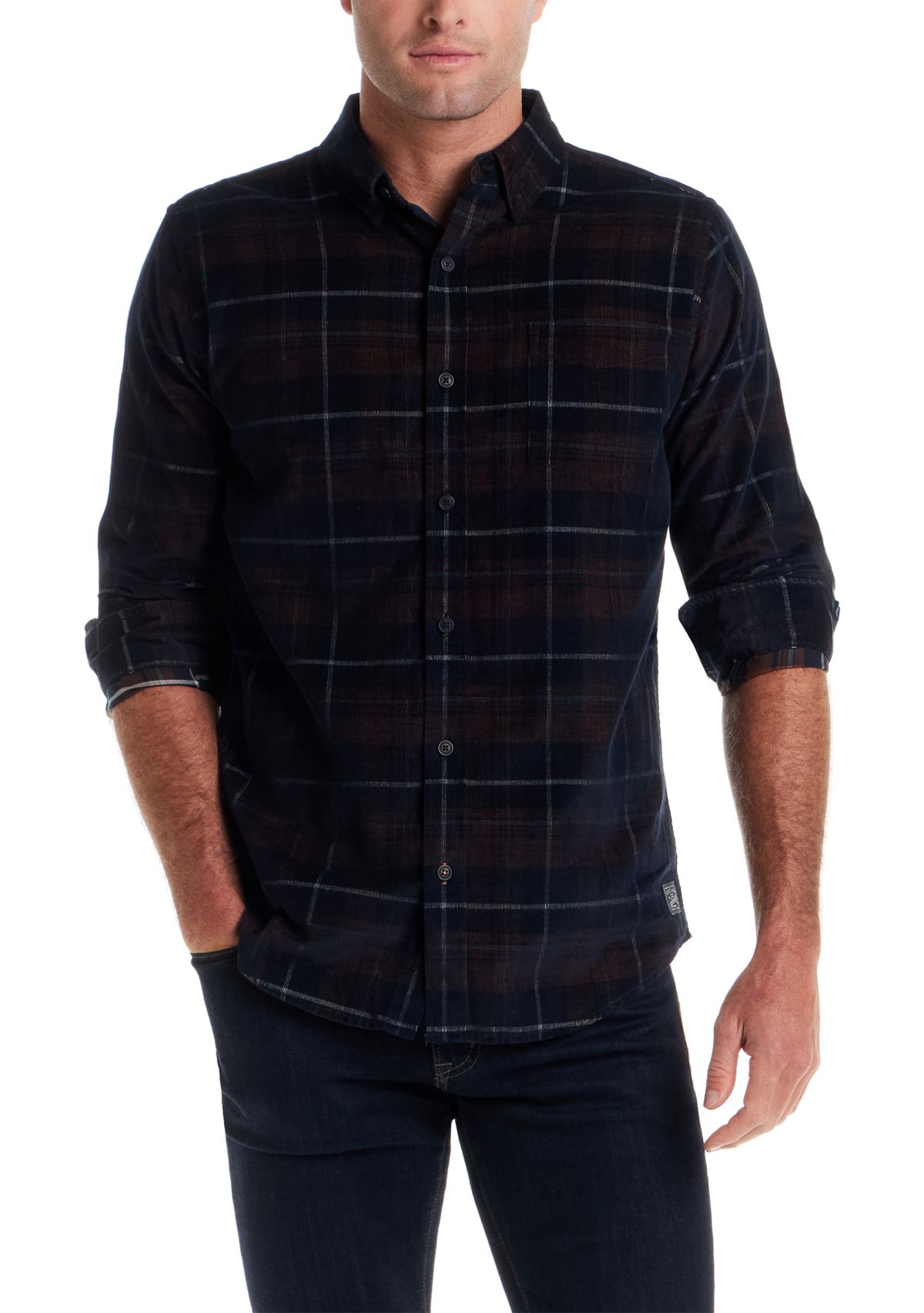 Mens Long Sleeve Plaid Corduroy Shirt 
