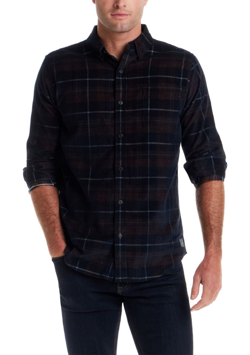 Mens Long Sleeve Plaid Corduroy Shirt 