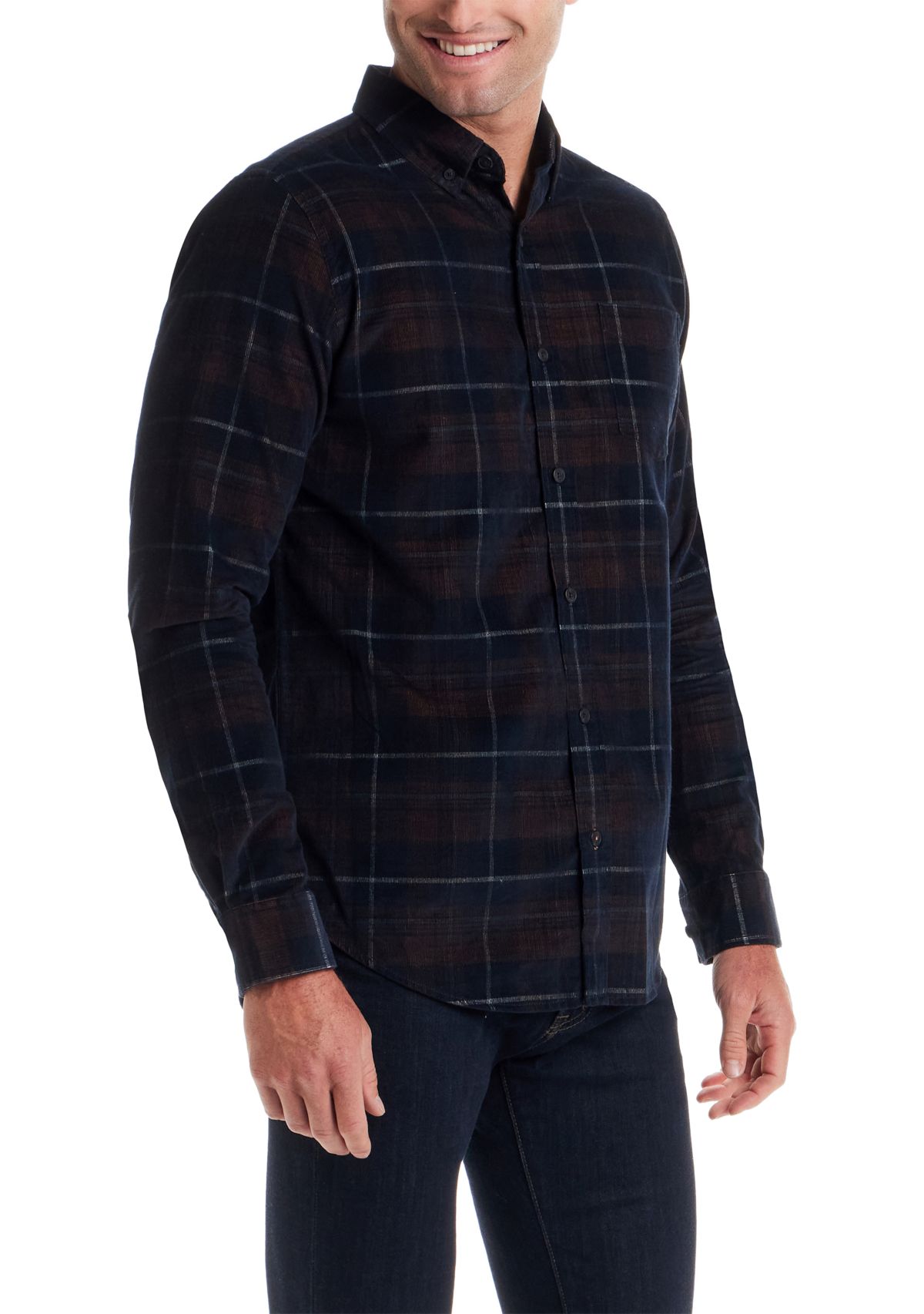 Mens Long Sleeve Plaid Corduroy Shirt 