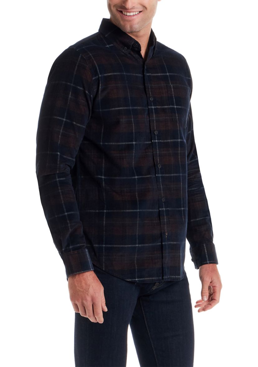 Mens Long Sleeve Plaid Corduroy Shirt 