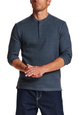 Weatherproof Vintage Men's Long Sleeve Variegated Microstripe Waffle Henley Shirt, Blue, 2XL Regular