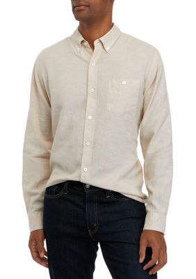 Weatherproof Vintage Men's Bright White Cotton Linen Button Down Shirt, Small