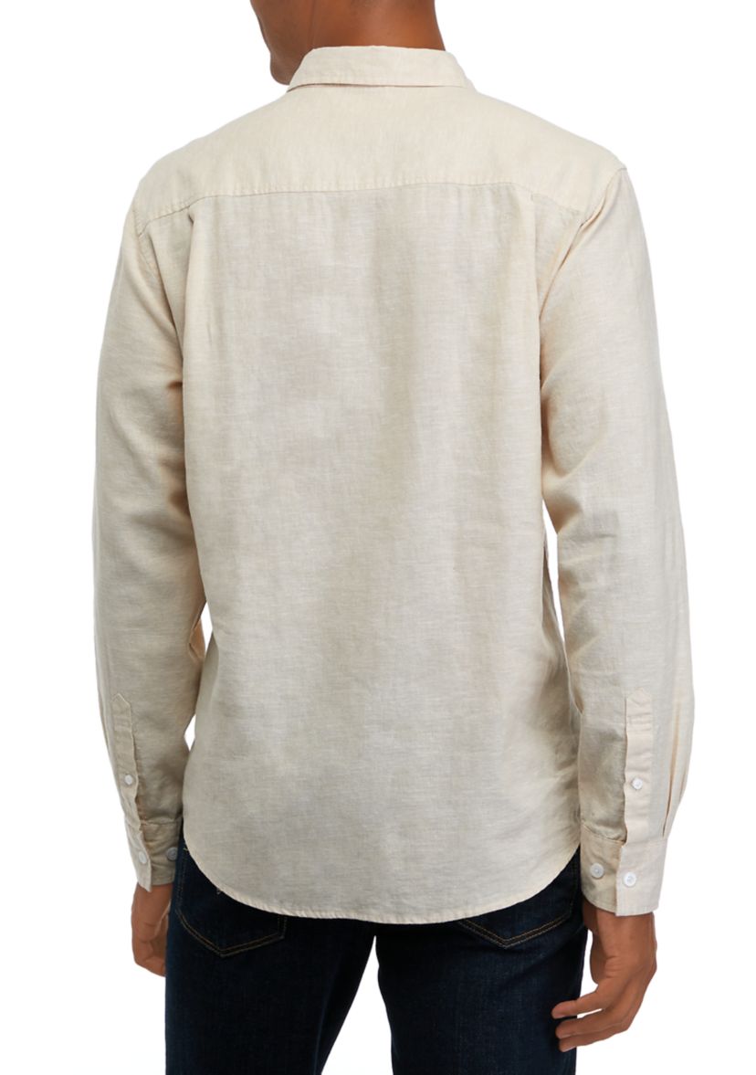 Mens Bright White Cotton Linen Button Down Shirt 