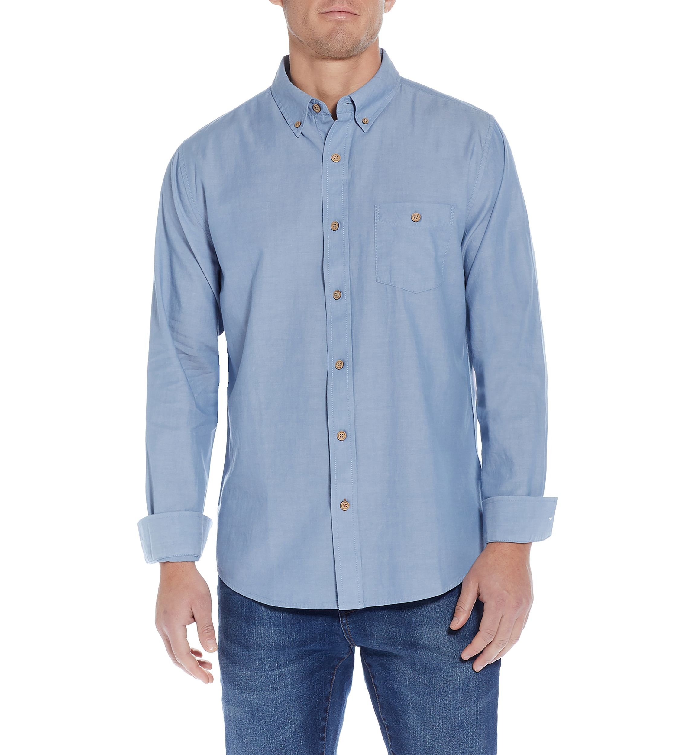   Mens Chambray Blue Cotton Button Down Shirt 