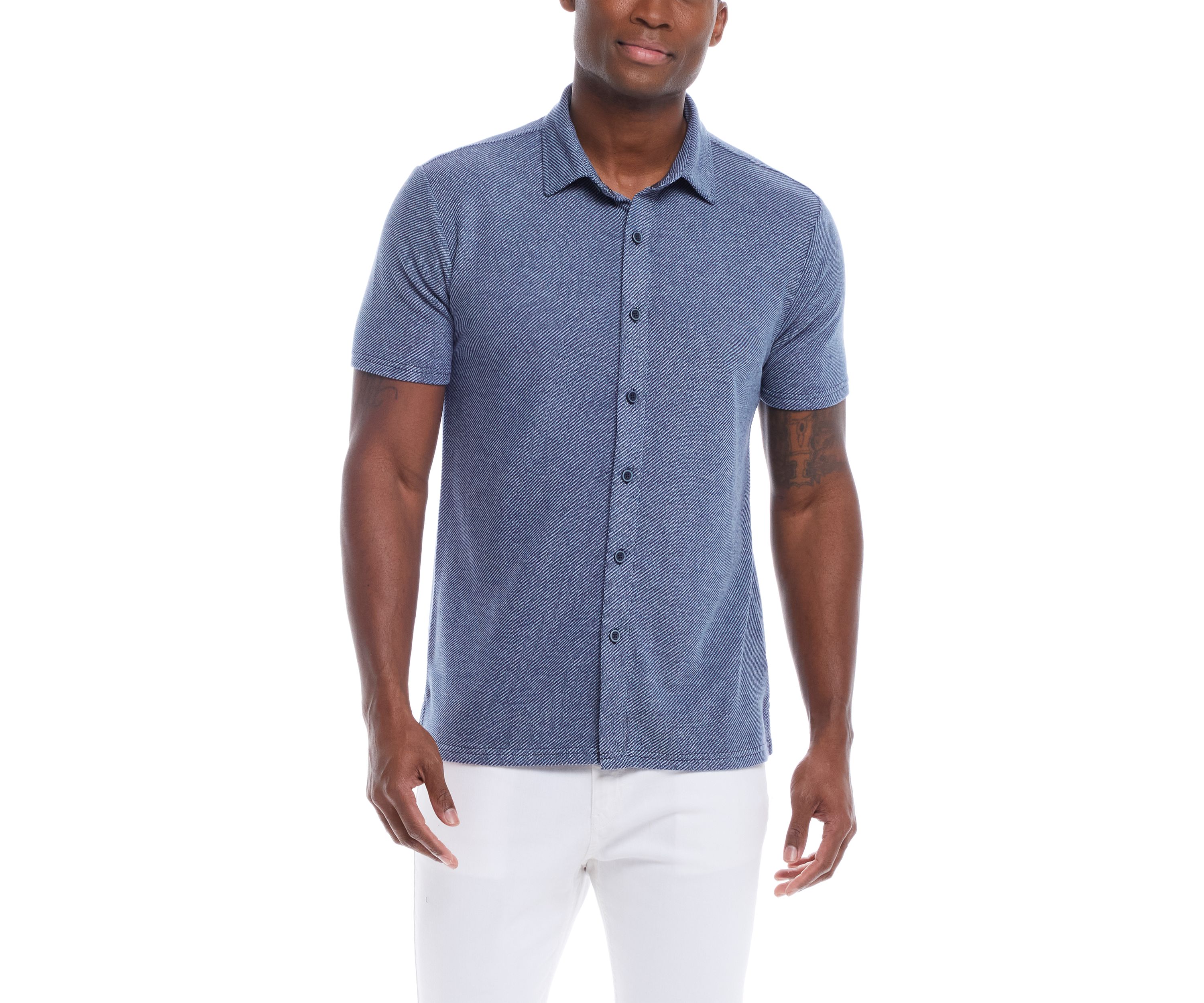 Mens Short Sleeve Twill Coat Front Knit Shirt
