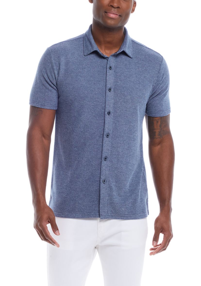 Mens Short Sleeve Twill Coat Front Knit Shirt