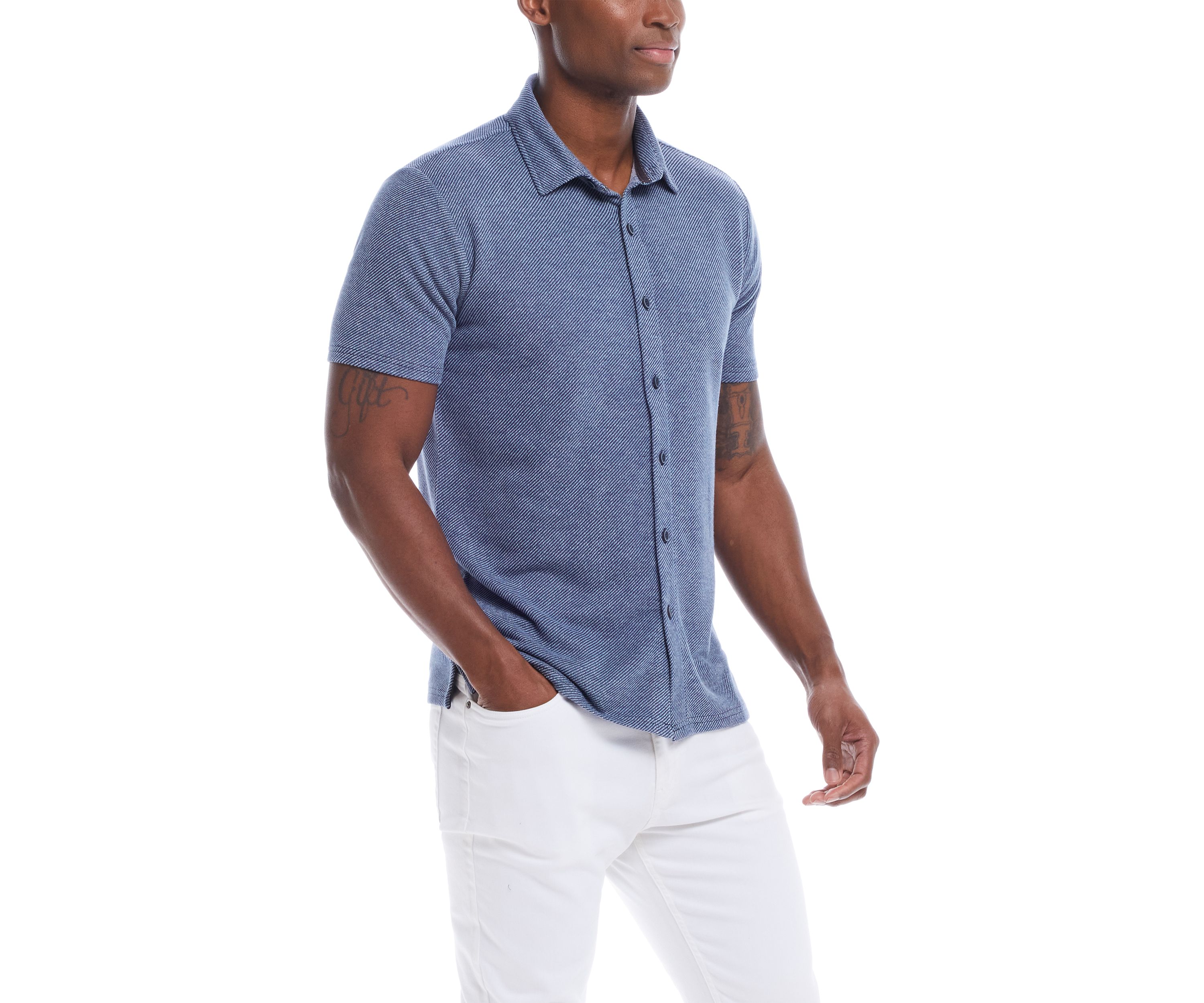 Mens Short Sleeve Twill Coat Front Knit Shirt