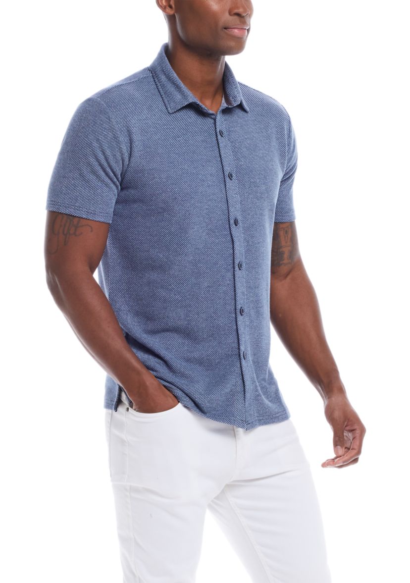 Mens Short Sleeve Twill Coat Front Knit Shirt