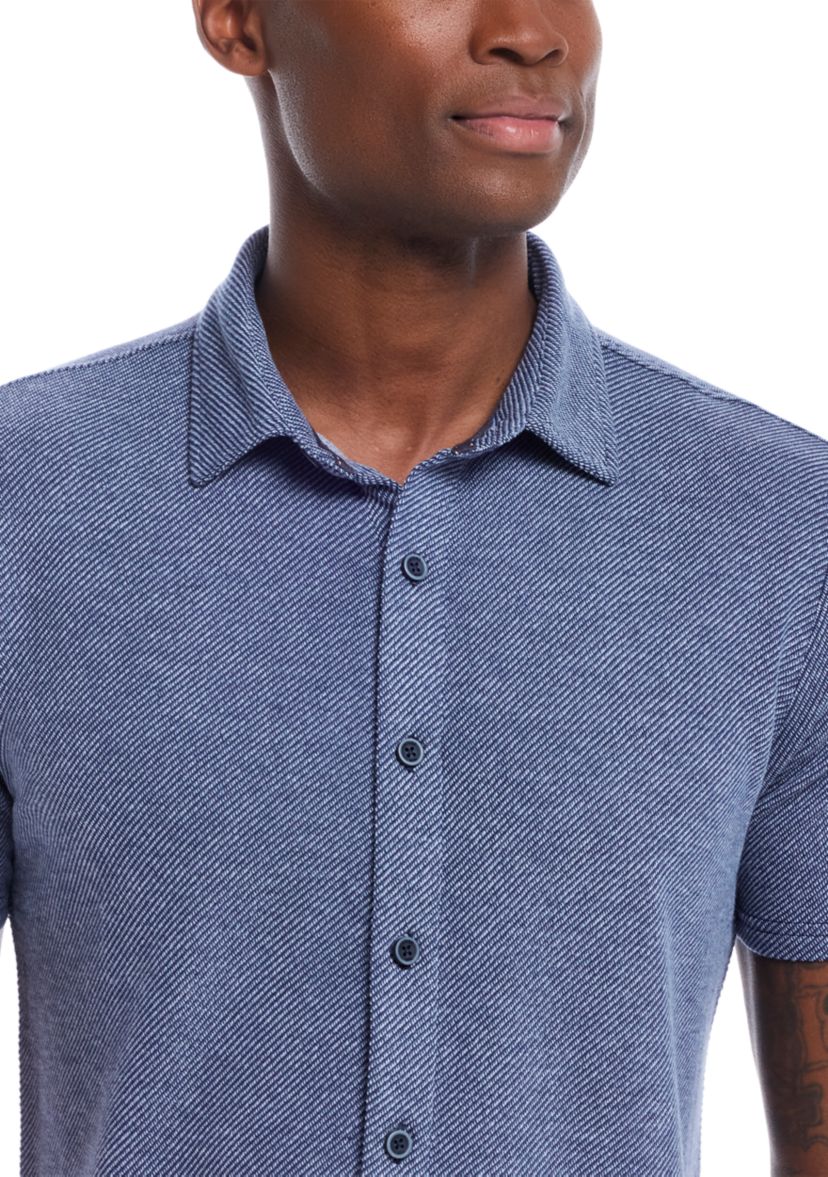 Mens Short Sleeve Twill Coat Front Knit Shirt