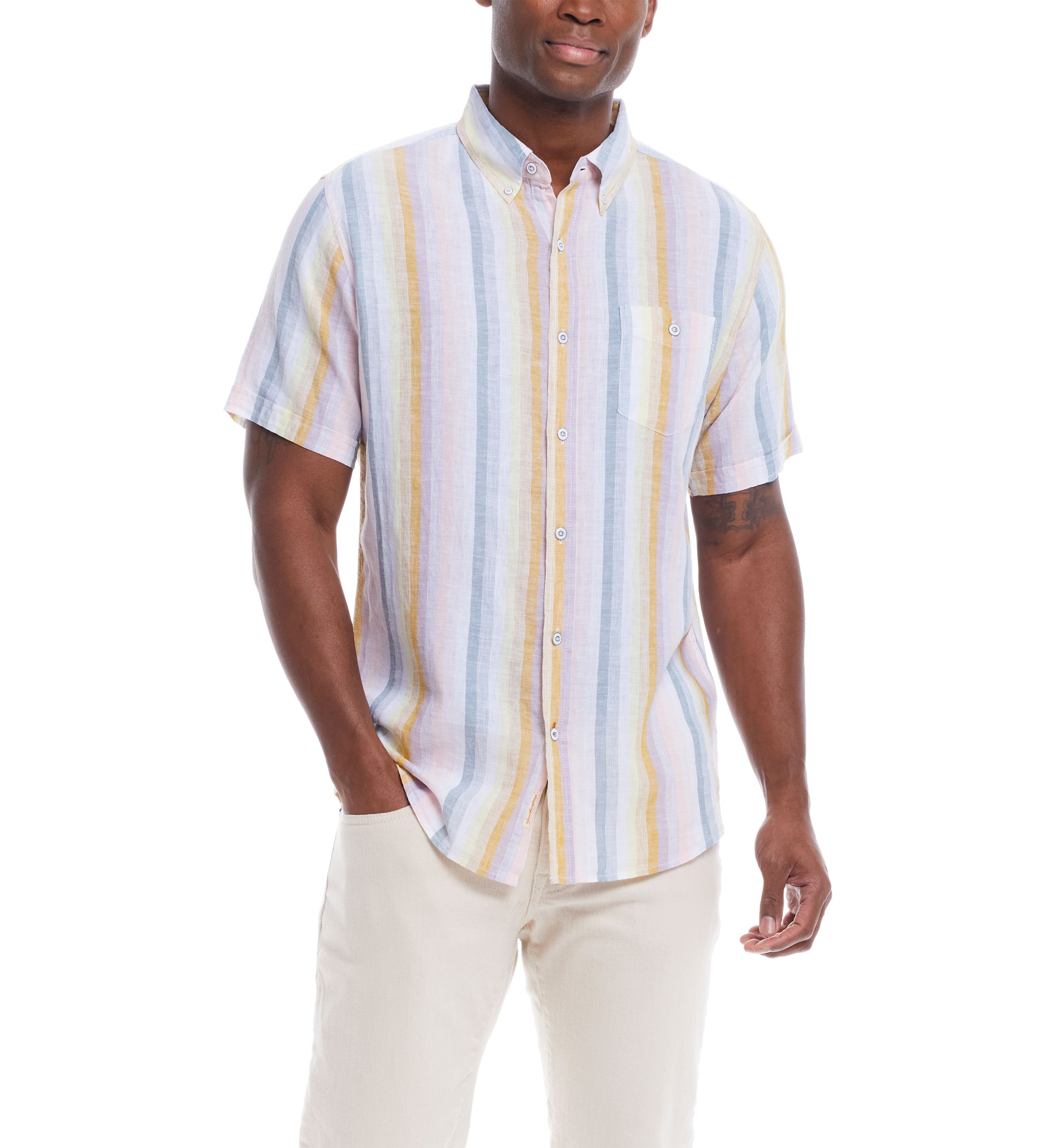 Mens Short Sleeve Linen Cotton Striped Shirt