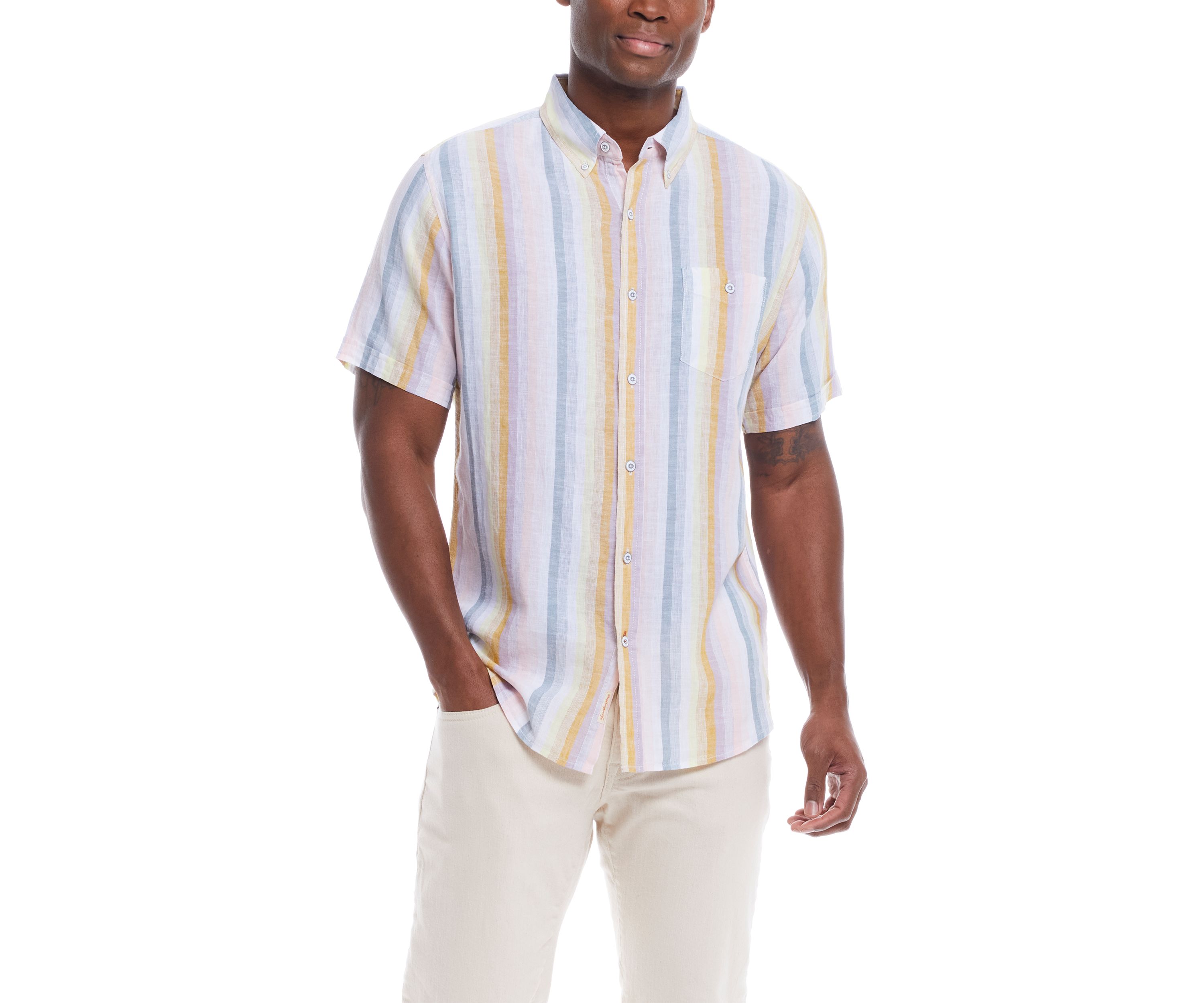 Mens Short Sleeve Linen Cotton Striped Shirt